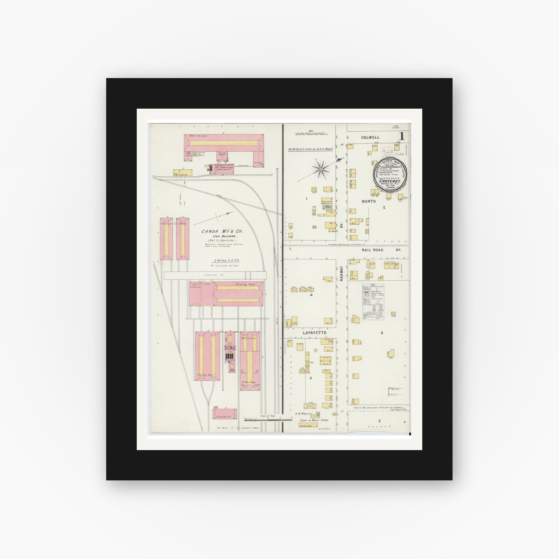 Old map wall art mockup — black gallery frame with white mat — Sanborn Fire Insurance Map from Carteret, Middlesex County, New Jersey (1896) - Complete Map Set