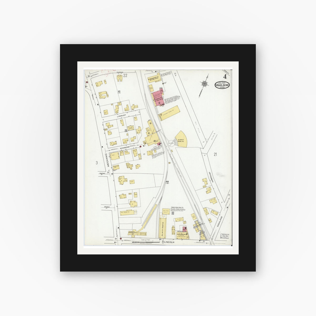 Old map wall art mockup — black gallery frame with white mat — Sanborn Fire Insurance Map from Marlborough, Middlesex County, Massachusetts (1920), Sheet #0004