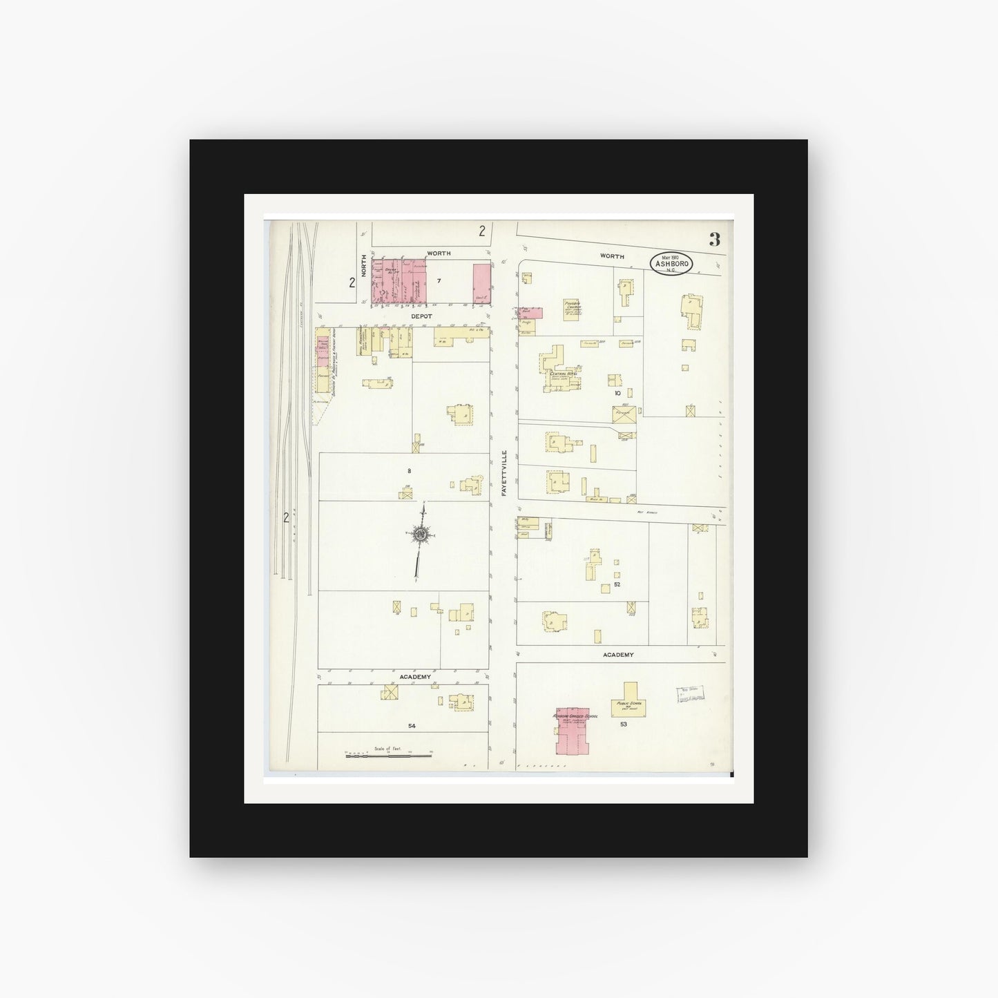 Old map wall art mockup — black gallery frame with white mat — Sanborn Fire Insurance Map from Asheboro, Randolph County, North Carolina (1910), Sheet #0003