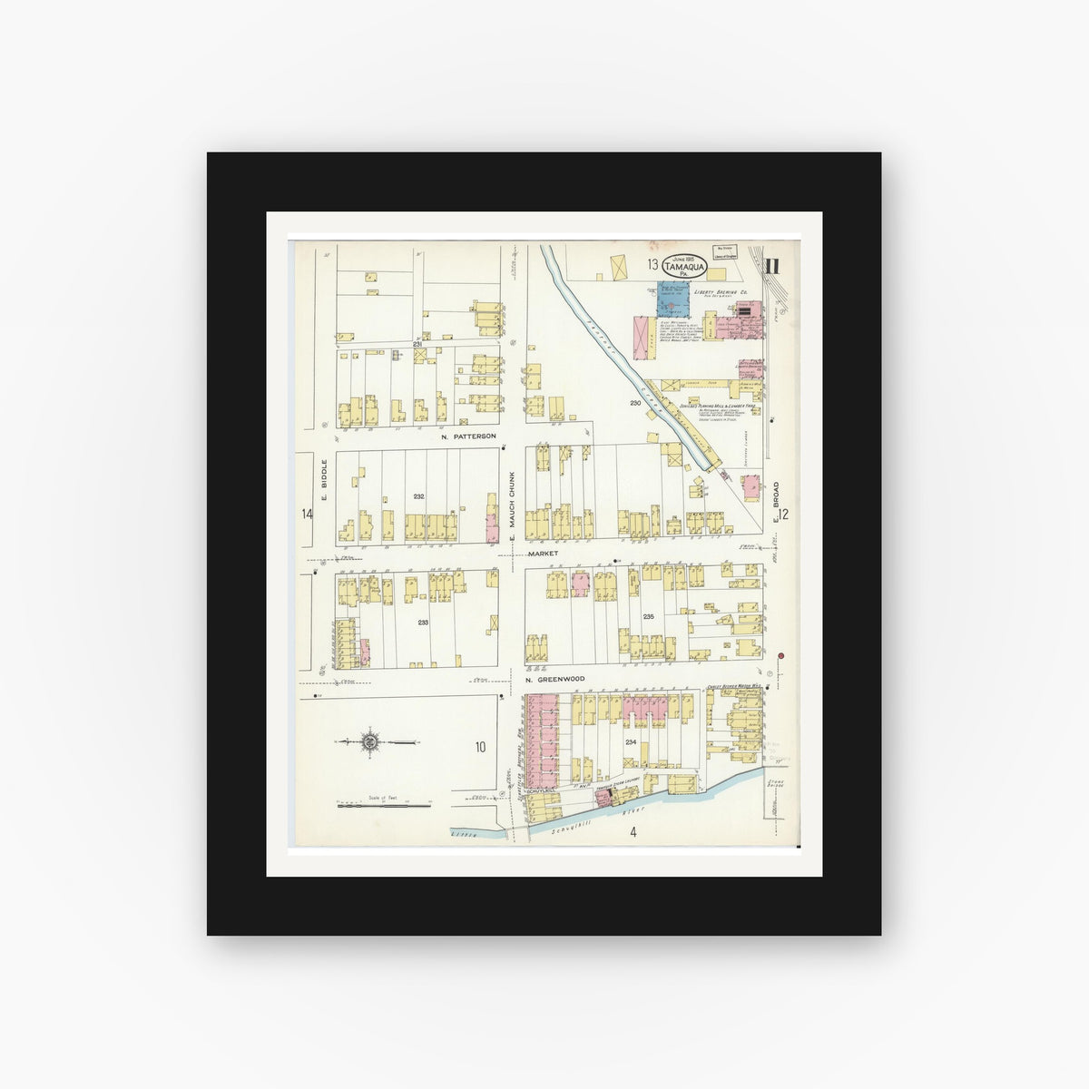 Old map wall art mockup — black gallery frame with white mat — Sanborn Fire Insurance Map from Tamaqua, Schuylkill County, Pennsylvania (1915), Sheet #0011