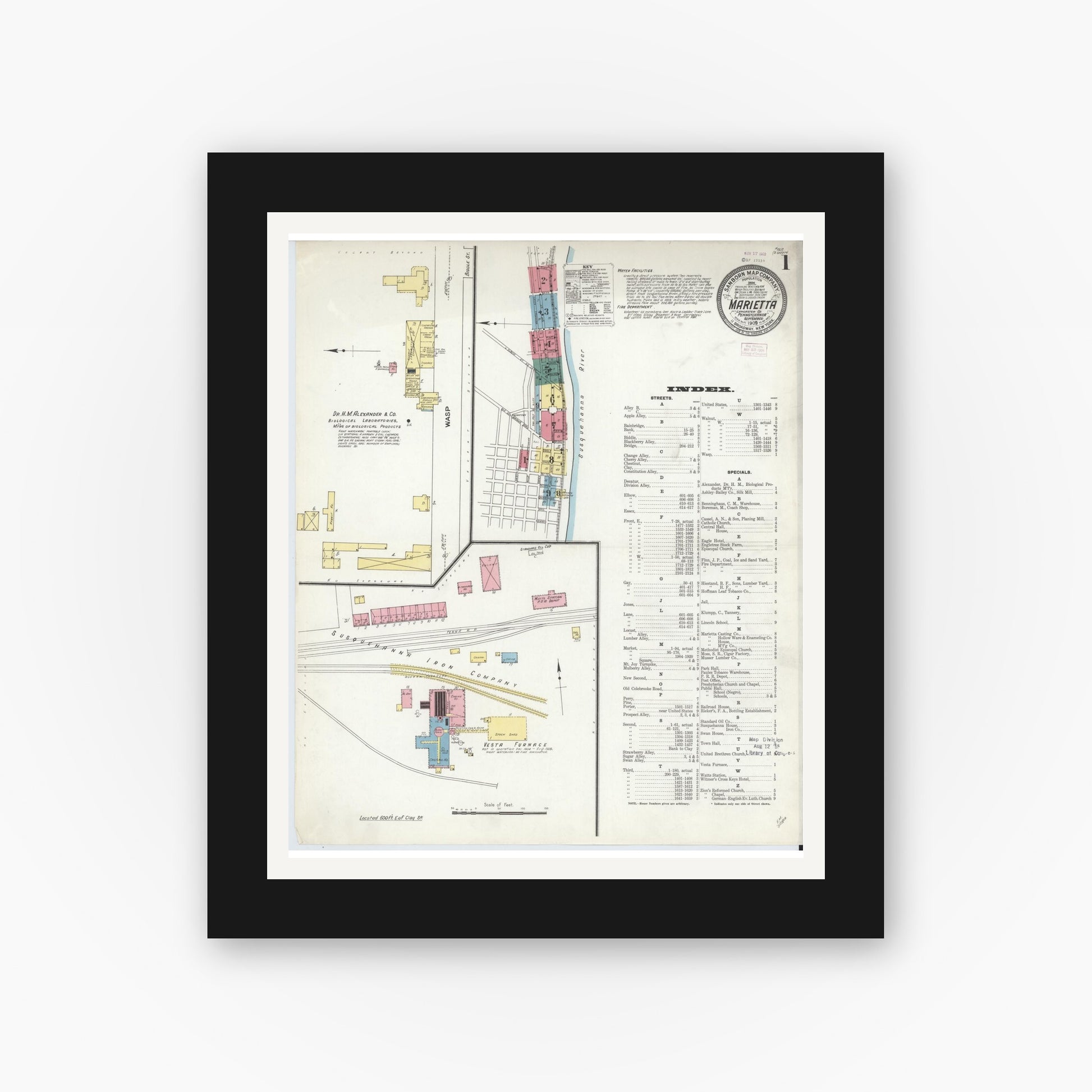 Old map wall art mockup — black gallery frame with white mat — Sanborn Fire Insurance Map from Marietta, Lancaster County, Pennsylvania (1909), Sheet #0001