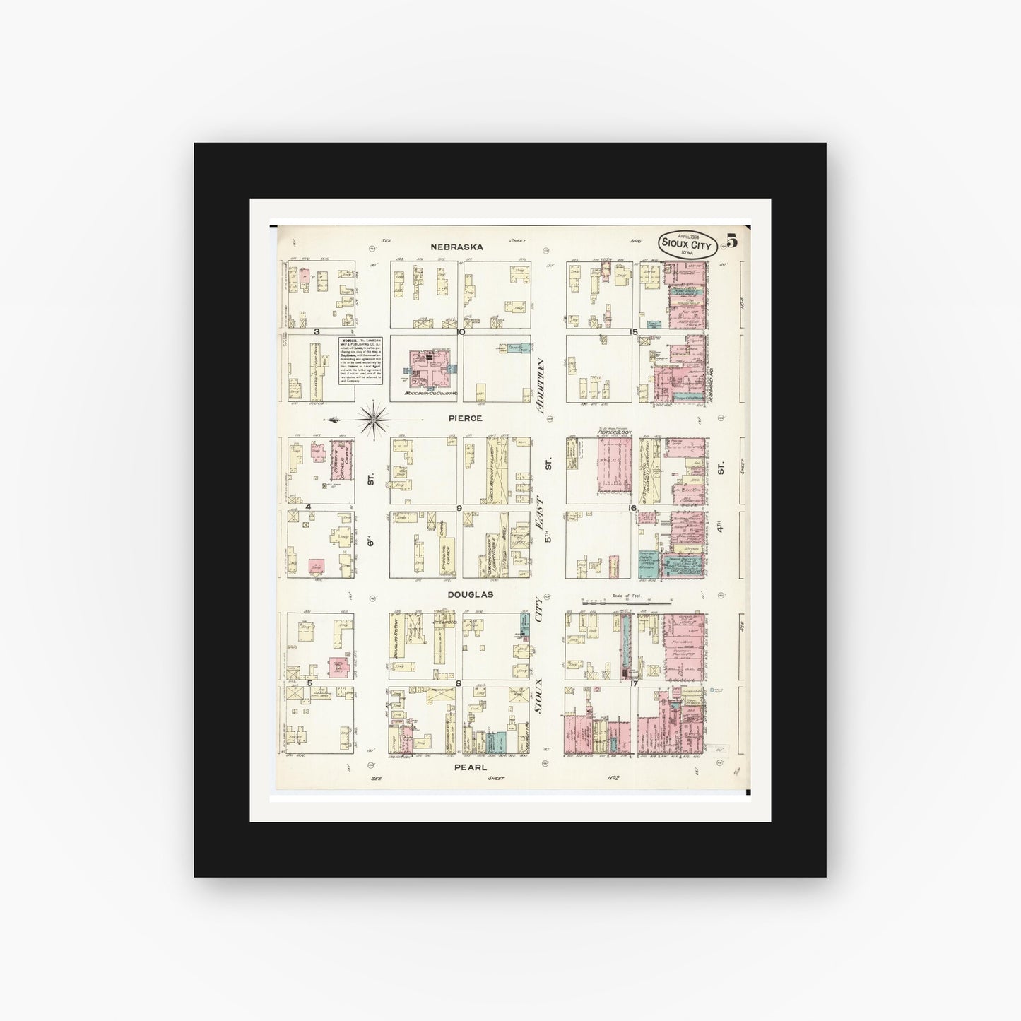 Old map wall art mockup — black gallery frame with white mat — Sanborn Fire Insurance Map from Sioux City, Woodbury County, Iowa (1884), Sheet #0005
