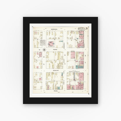 Old map wall art mockup — black gallery frame with white mat — Sanborn Fire Insurance Map from Sioux City, Woodbury County, Iowa (1884), Sheet #0005