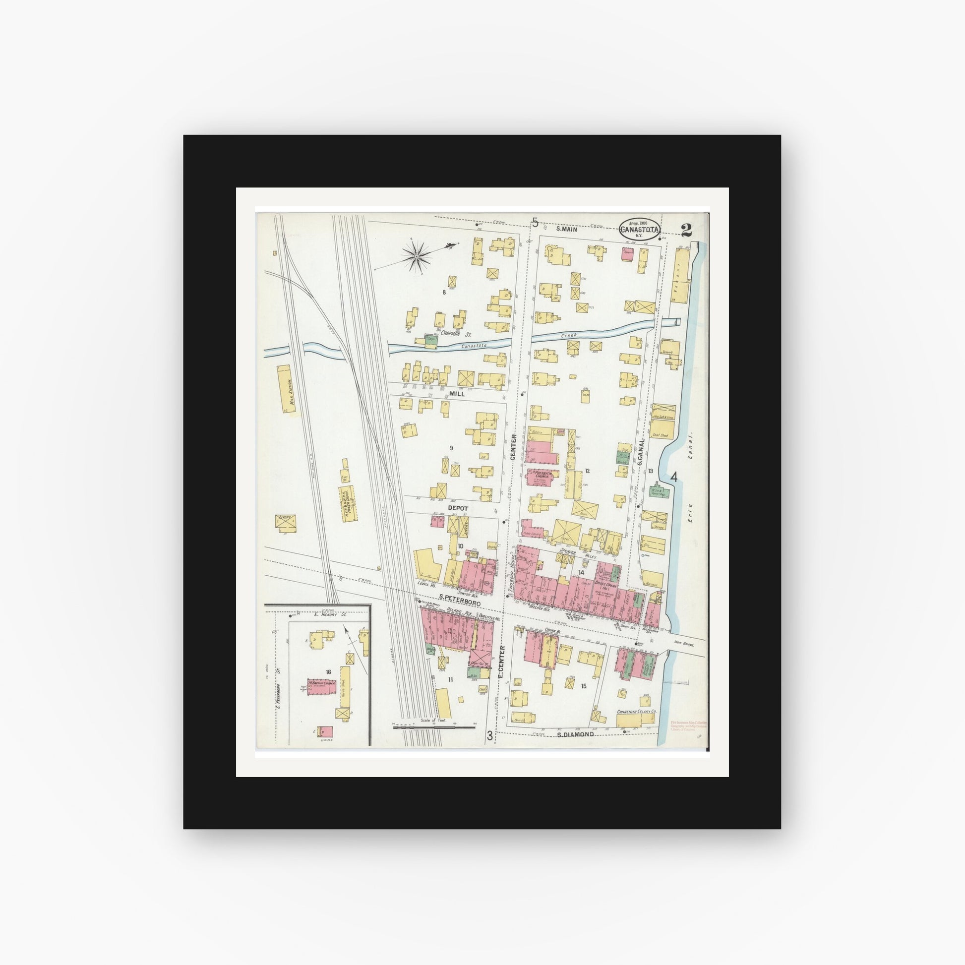 Old map wall art mockup — black gallery frame with white mat — Sanborn Fire Insurance Map from Canastota, Madison County, New York (1900), Sheet #0002