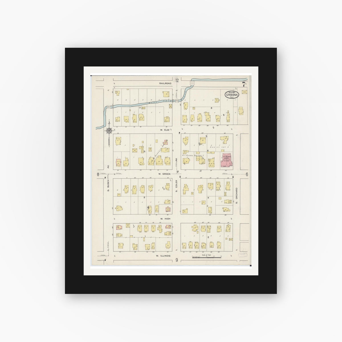 Old map wall art mockup — black gallery frame with white mat — Sanborn Fire Insurance Map from Urbana, Champaign County, Illinois (1915), Sheet #0007