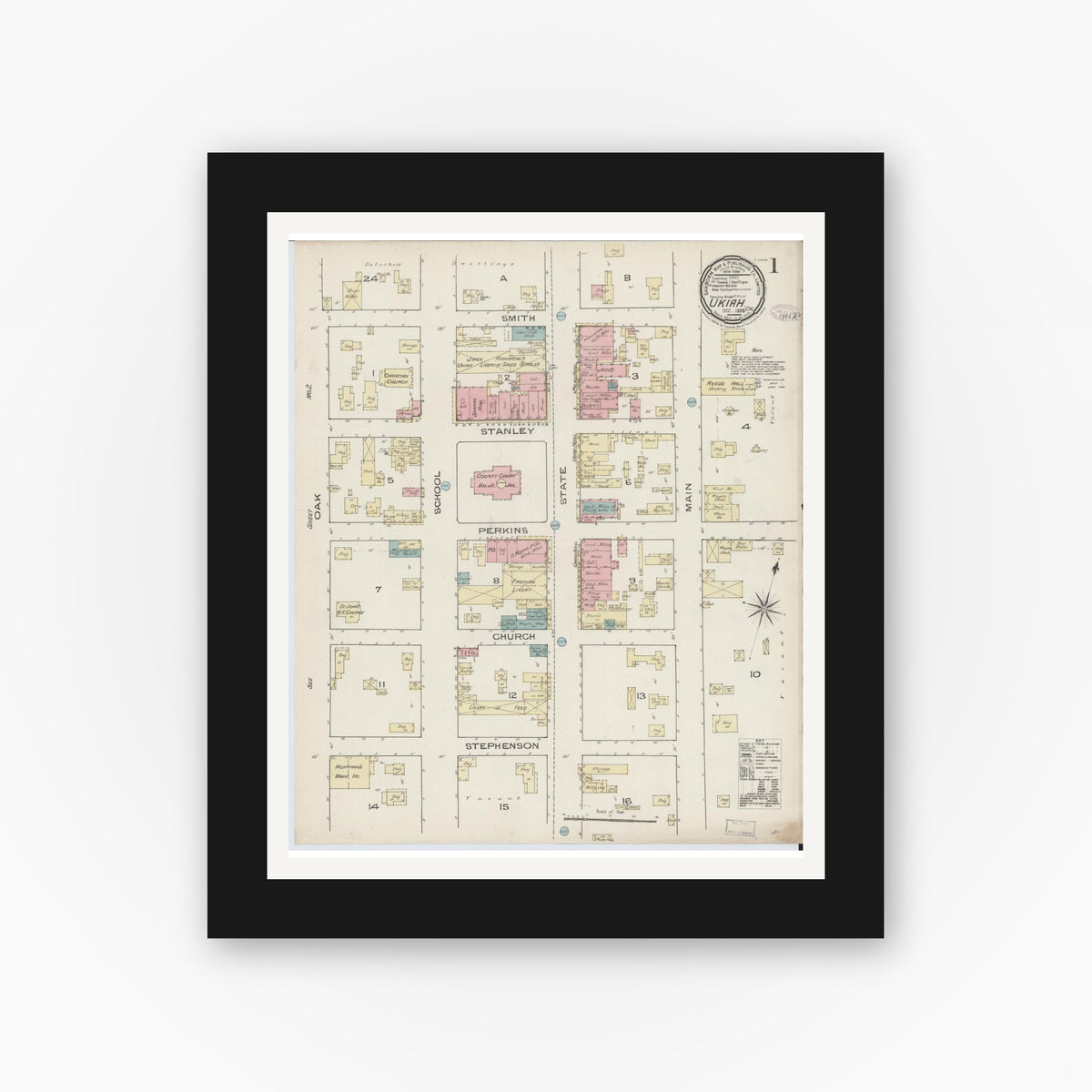Old map wall art mockup — black gallery frame with white mat — Sanborn Fire Insurance Map from Ukiah, Mendocino County, California (1885) - Complete Map Set