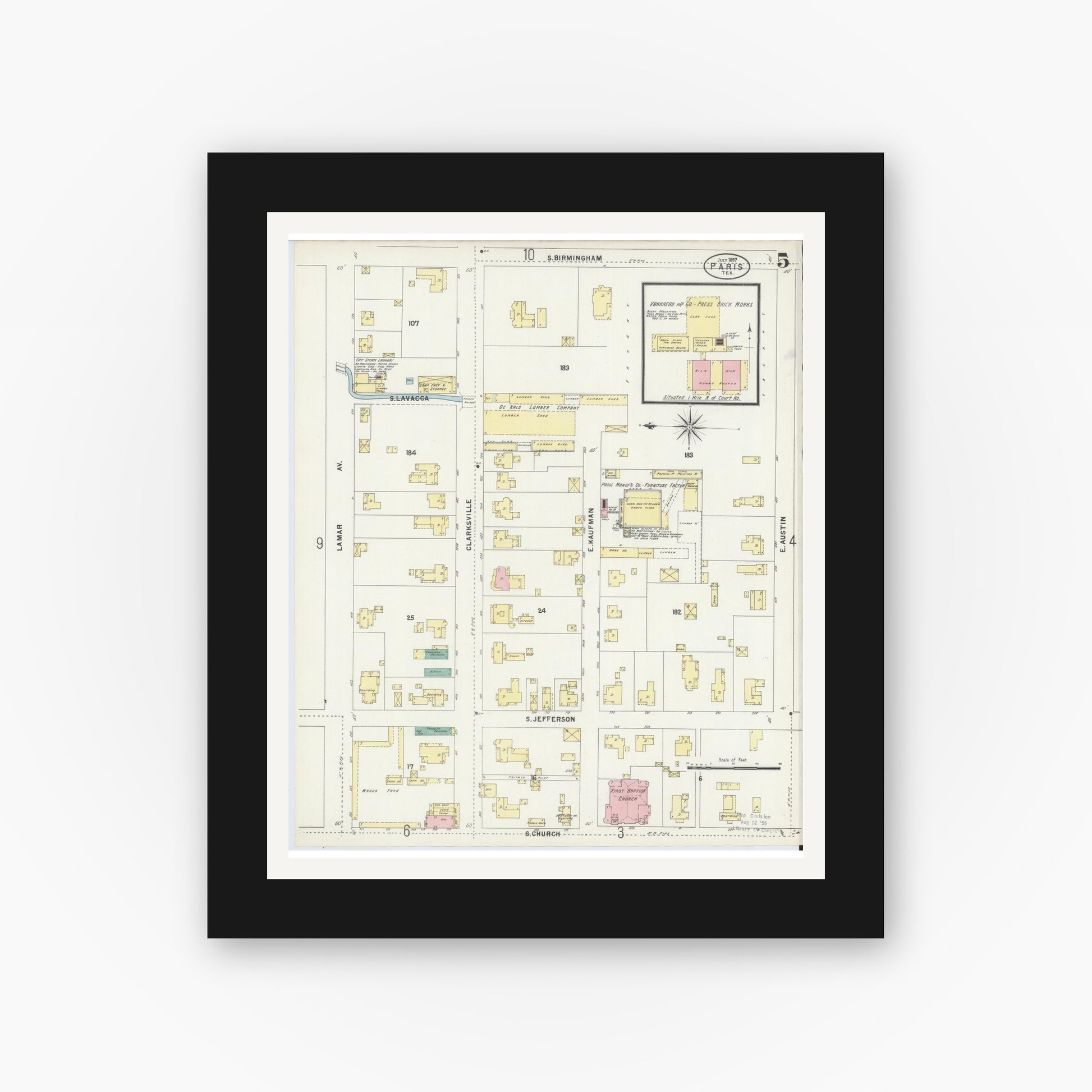 Old map wall art mockup — black gallery frame with white mat — Sanborn Fire Insurance Map from Paris, Lamar County, Texas (1897), Sheet #0005