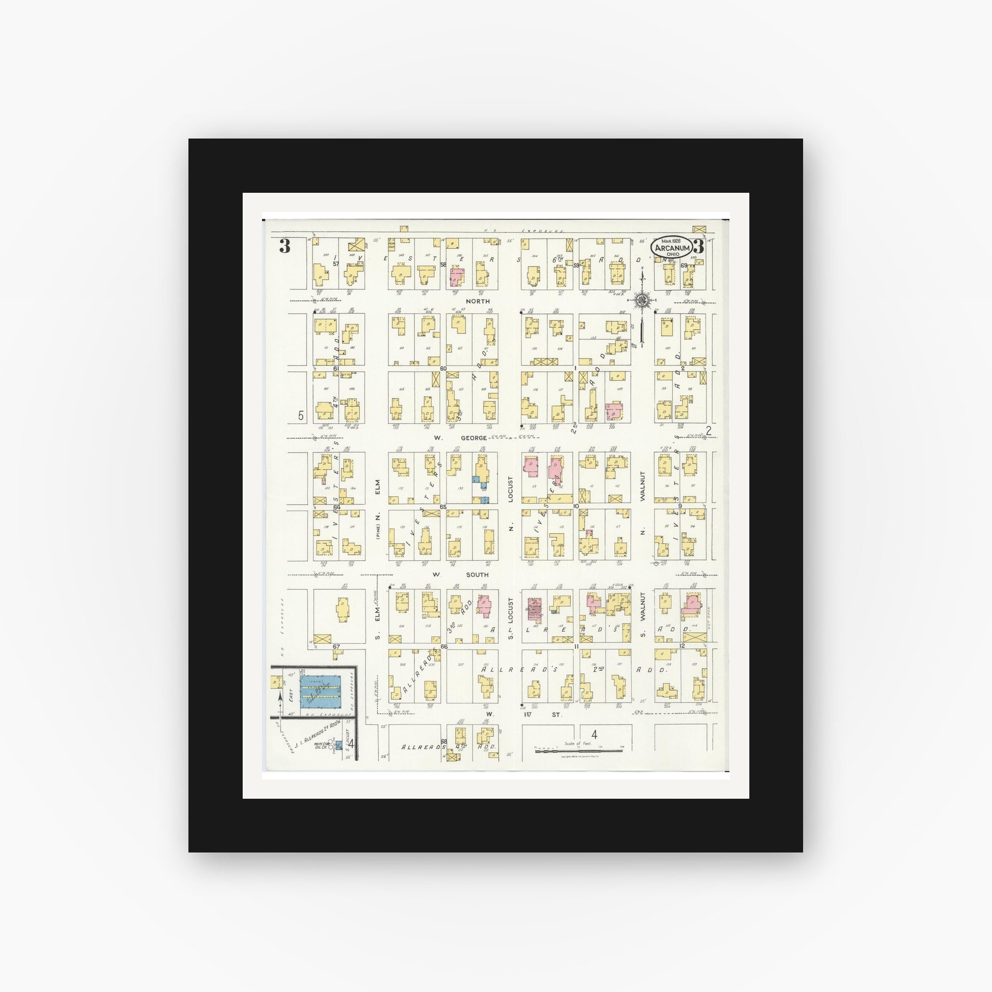 Old map wall art mockup — black gallery frame with white mat — Sanborn Fire Insurance Map from Arcanum, Darke County, Ohio (1926), Sheet #0003