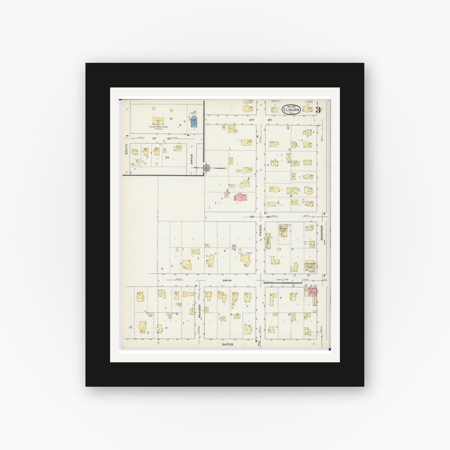 Old map wall art mockup — black gallery frame with white mat — Sanborn Fire Insurance Map from Elburn, Kane County, Illinois (1914), Sheet #0003