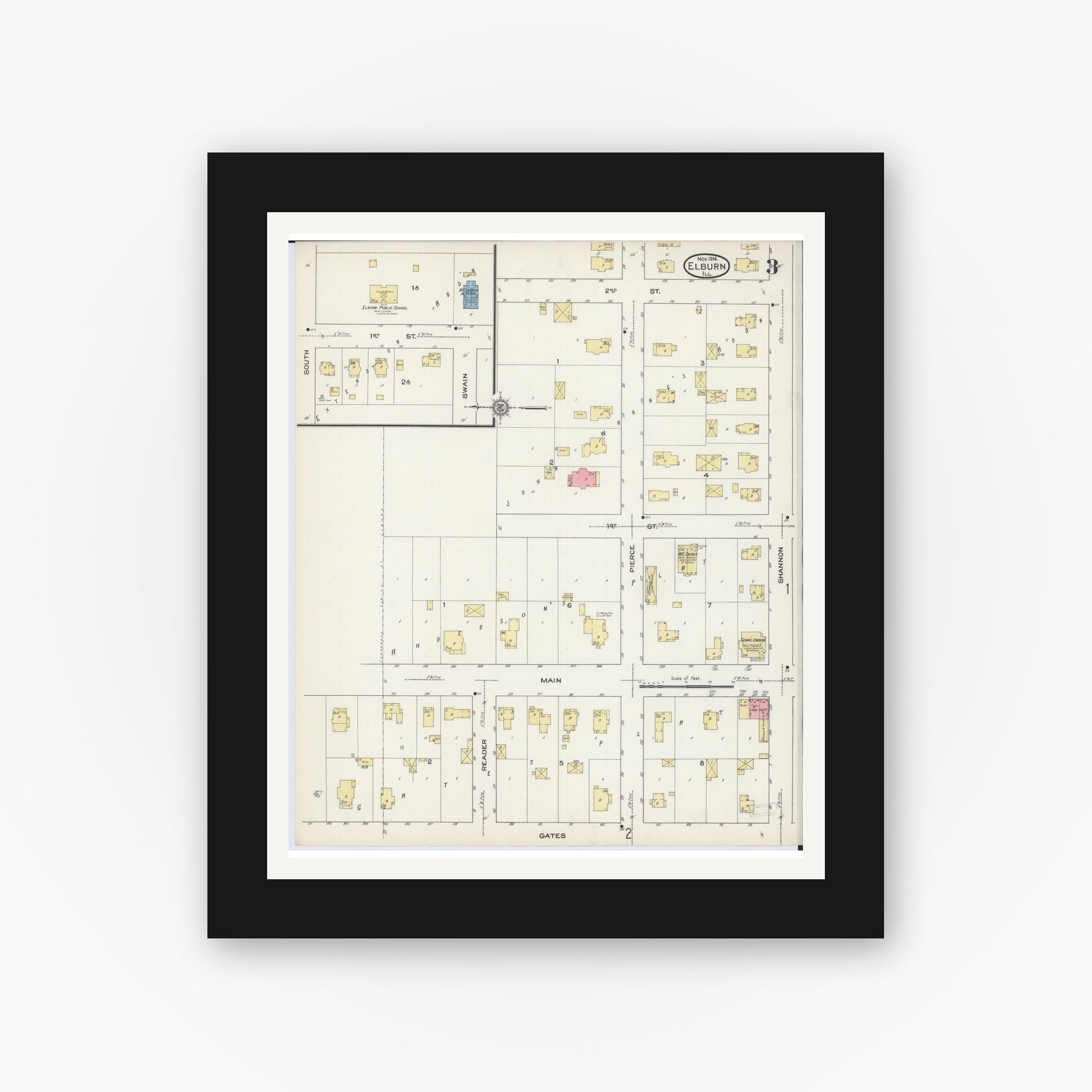 Old map wall art mockup — black gallery frame with white mat — Sanborn Fire Insurance Map from Elburn, Kane County, Illinois (1914), Sheet #0003