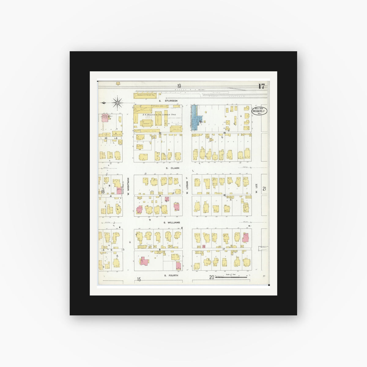 Old map wall art mockup — black gallery frame with white mat — Sanborn Fire Insurance Map from Moberly, Randolph County, Missouri (1909), Sheet #0017