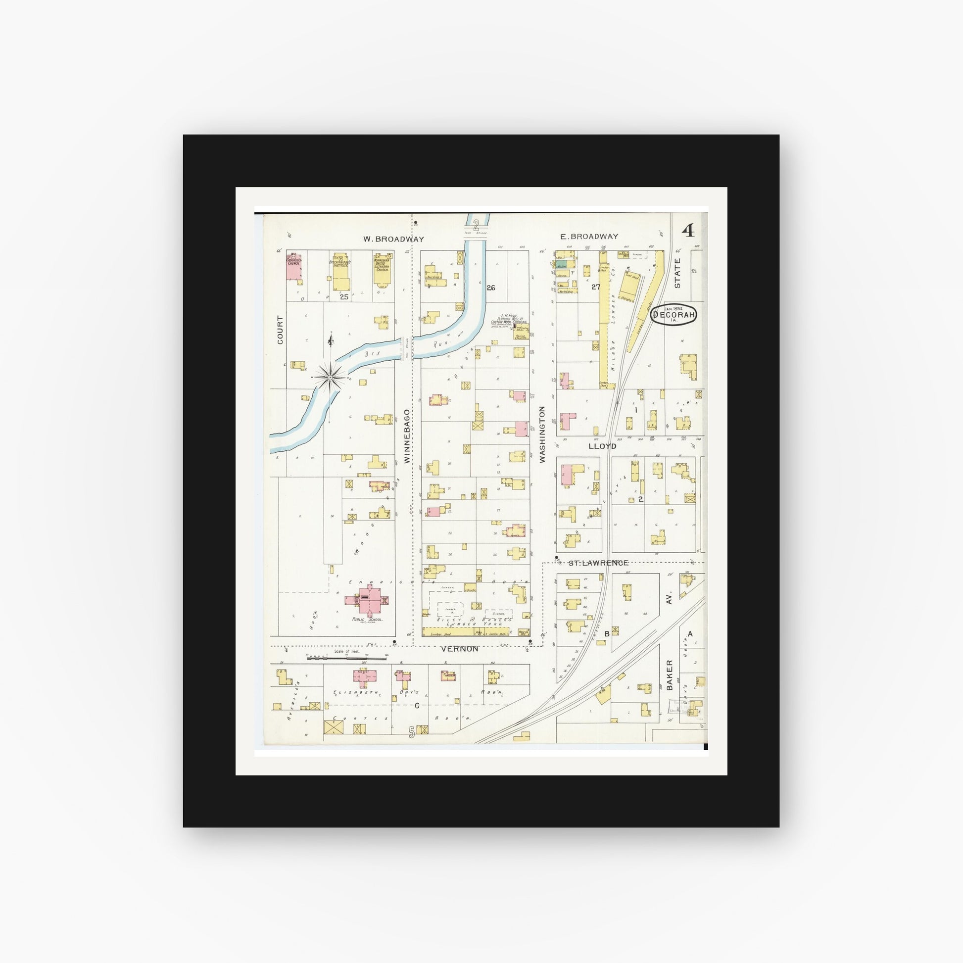 Old map wall art mockup — black gallery frame with white mat — Sanborn Fire Insurance Map from Decorah, Winneshiek County, Iowa (1894), Sheet #0004