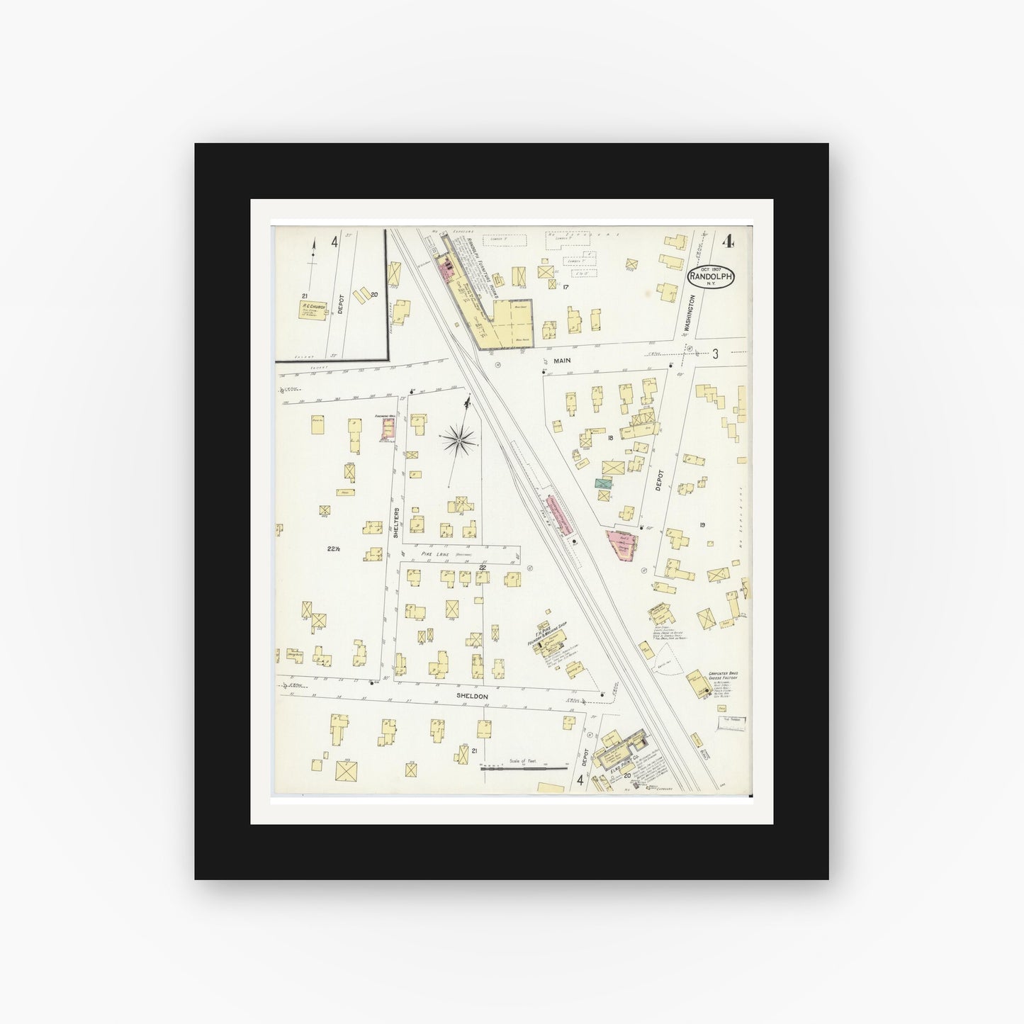 Old map wall art mockup — black gallery frame with white mat — Sanborn Fire Insurance Map from Randolph, Cattaraugus County, New York (1907), Sheet #0004