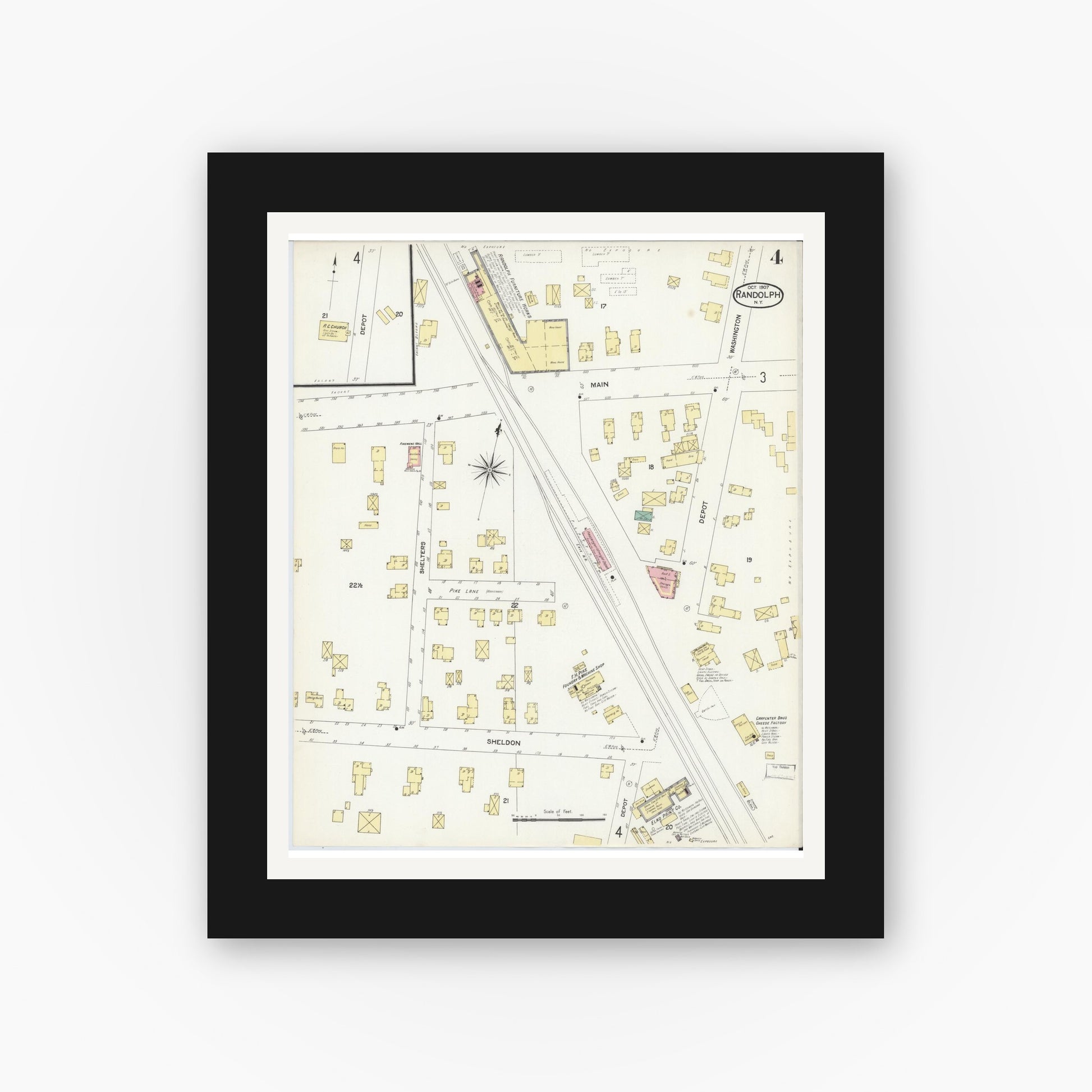 Old map wall art mockup — black gallery frame with white mat — Sanborn Fire Insurance Map from Randolph, Cattaraugus County, New York (1907), Sheet #0004