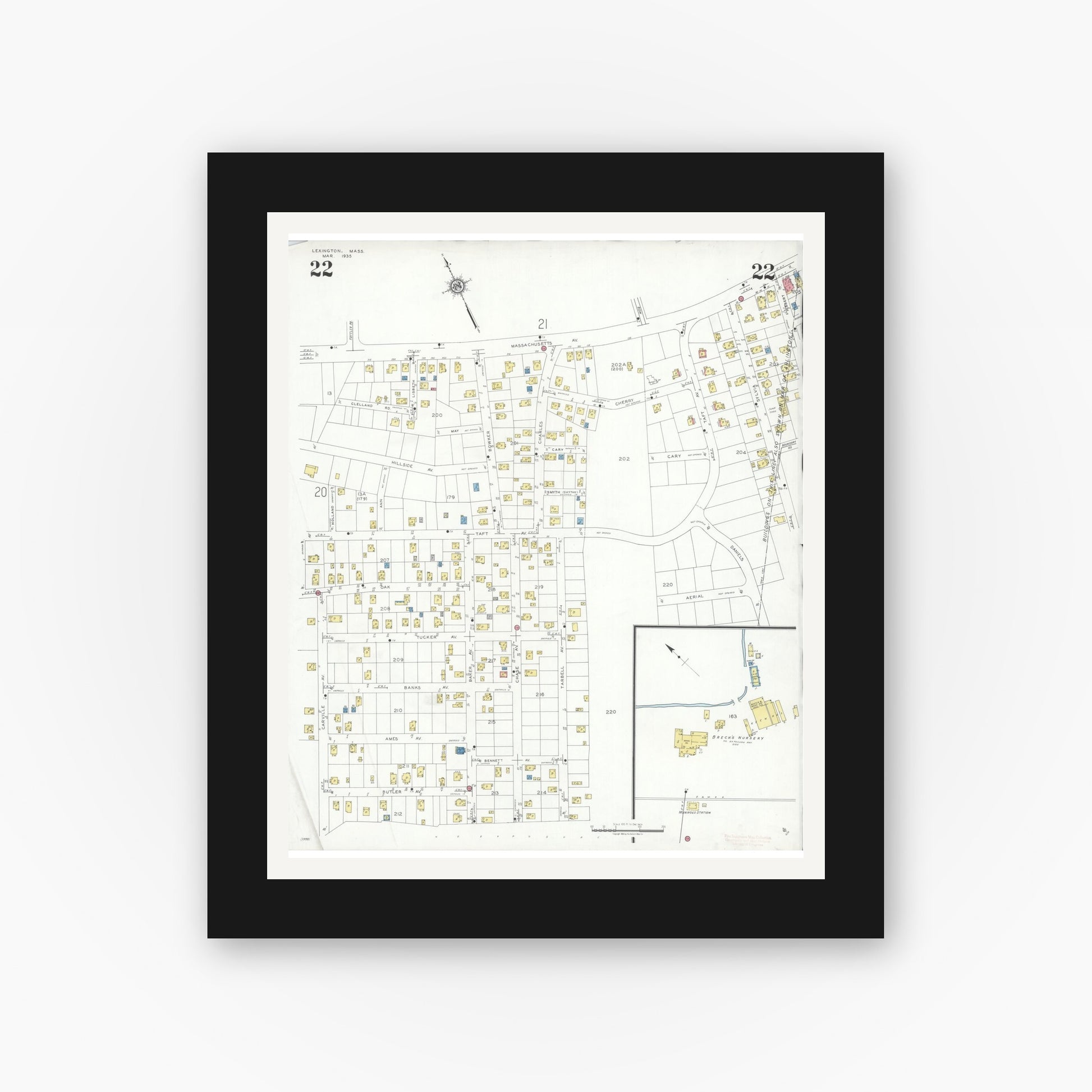 Old map wall art mockup — black gallery frame with white mat — Sanborn Fire Insurance Map from Lexington, Middlesex County, Massachusetts (1935), Sheet #0022