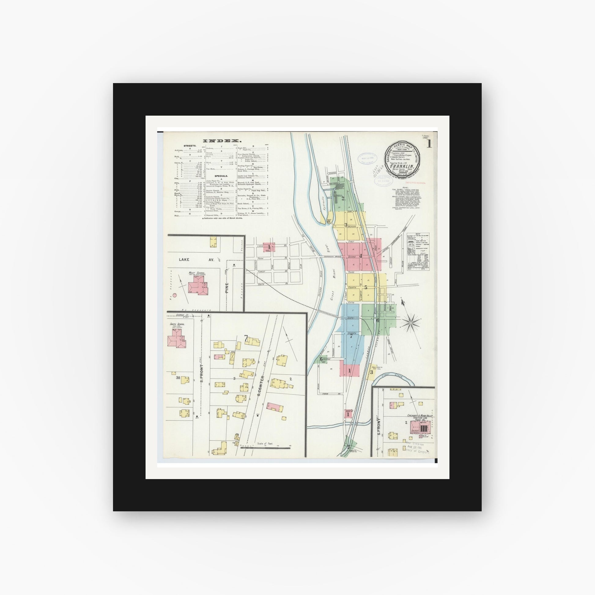 Old map wall art mockup — black gallery frame with white mat — Sanborn Fire Insurance Map from Franklin, Warren County, Ohio (1898), Sheet #0001