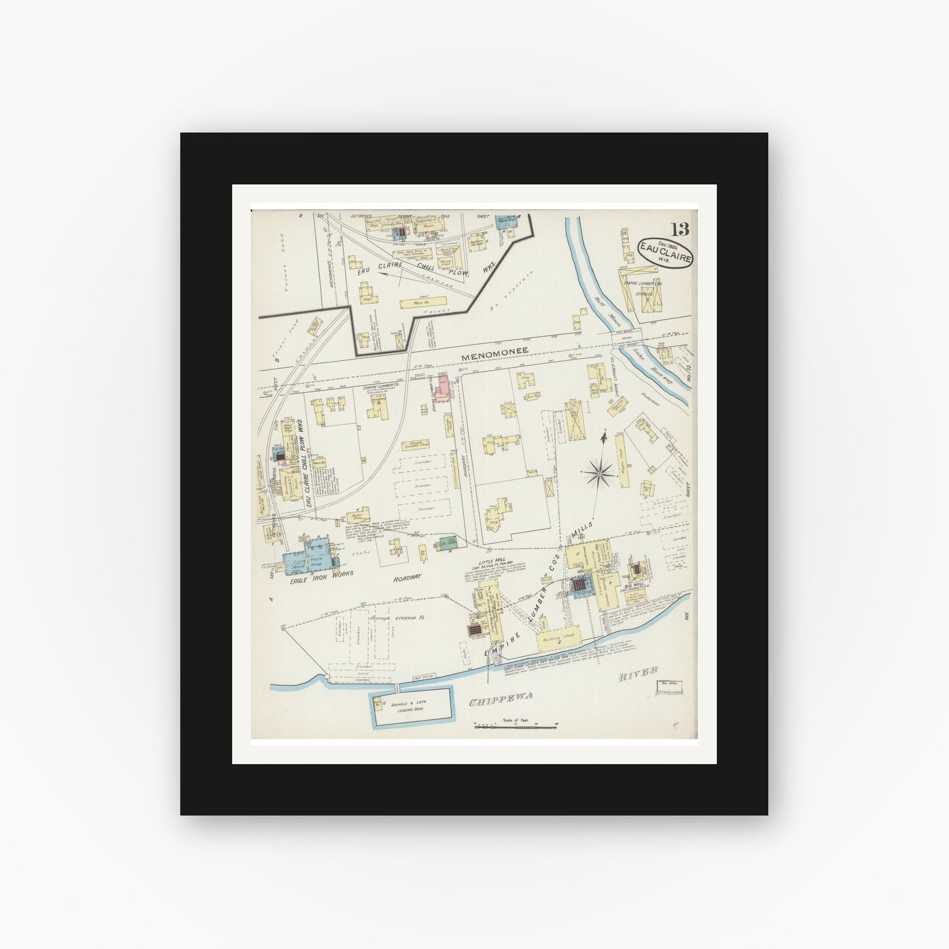 Old map wall art mockup — black gallery frame with white mat — Sanborn Fire Insurance Map from Eau Claire, Eau Claire County, Wisconsin (1885), Sheet #0013