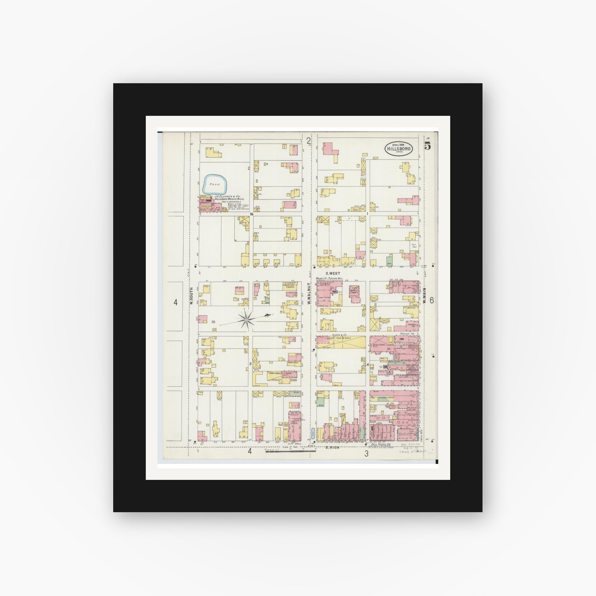Old map wall art mockup — black gallery frame with white mat — Sanborn Fire Insurance Map from Hillsboro, Highland County, Ohio (1898), Sheet #0005