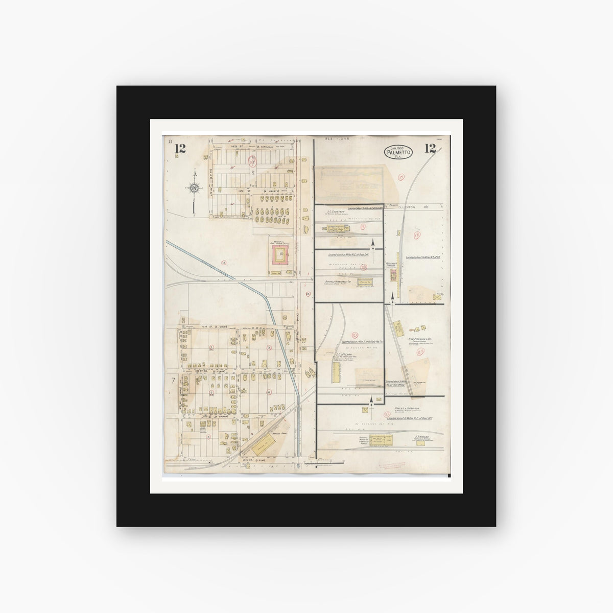Old map wall art mockup — black gallery frame with white mat — Sanborn Fire Insurance Map from Palmetto, Manatee County, Florida (1944), Sheet #0012
