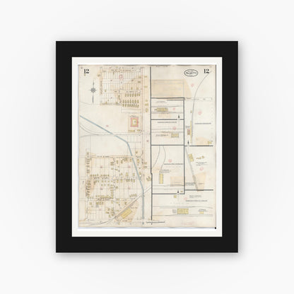 Old map wall art mockup — black gallery frame with white mat — Sanborn Fire Insurance Map from Palmetto, Manatee County, Florida (1944), Sheet #0012