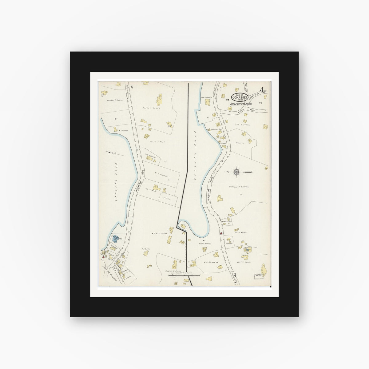 Old map wall art mockup — black gallery frame with white mat — Sanborn Fire Insurance Map from Cohasset, Norfolk County, Massachusetts (1915), Sheet #0004