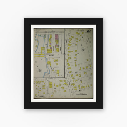 Old map wall art mockup — black gallery frame with white mat — Sanborn Fire Insurance Map from Akron, Summit County, Ohio (1892), Sheet #0020