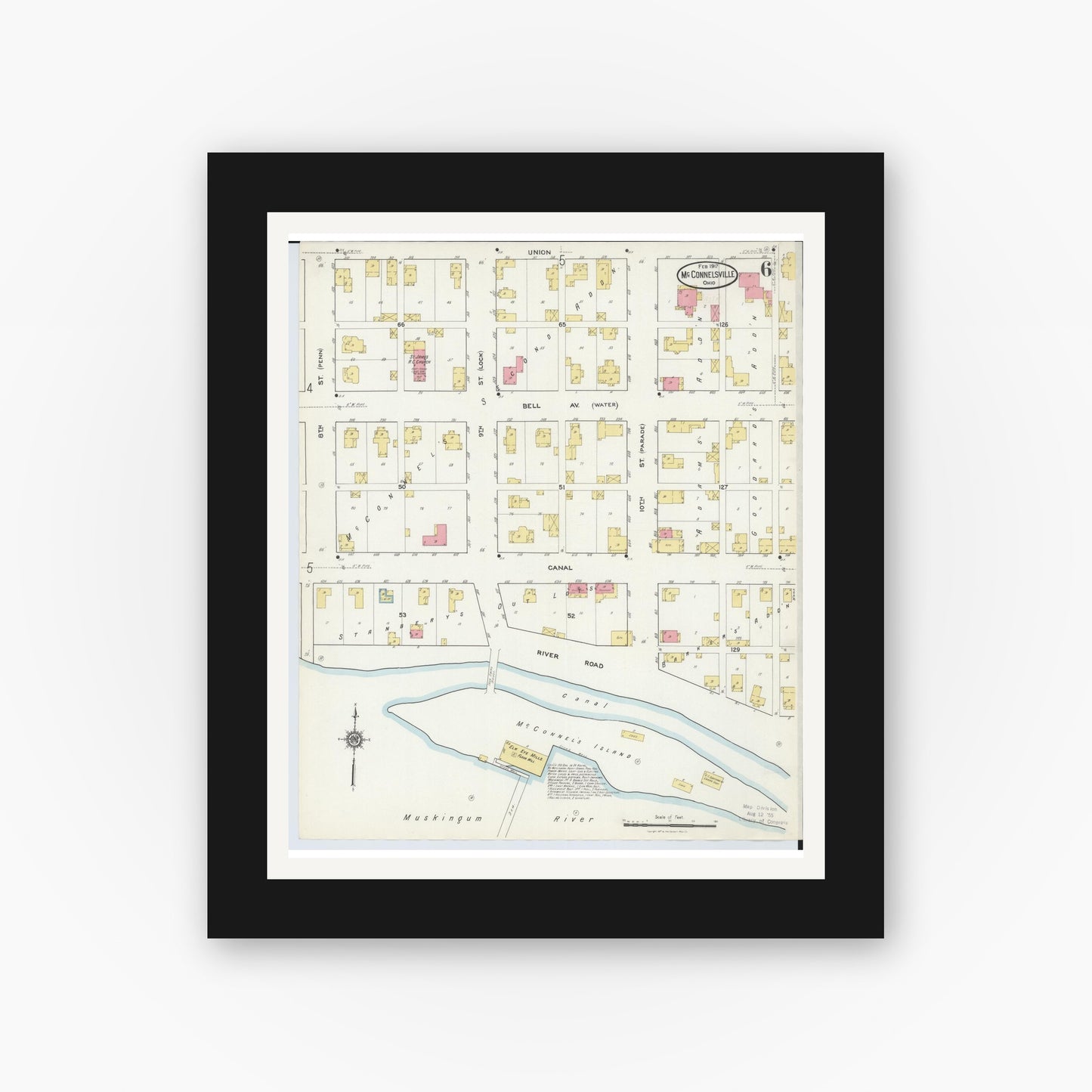 Old map wall art mockup — black gallery frame with white mat — Sanborn Fire Insurance Map from McConnelsville, Morgan County, Ohio (1917), Sheet #0006