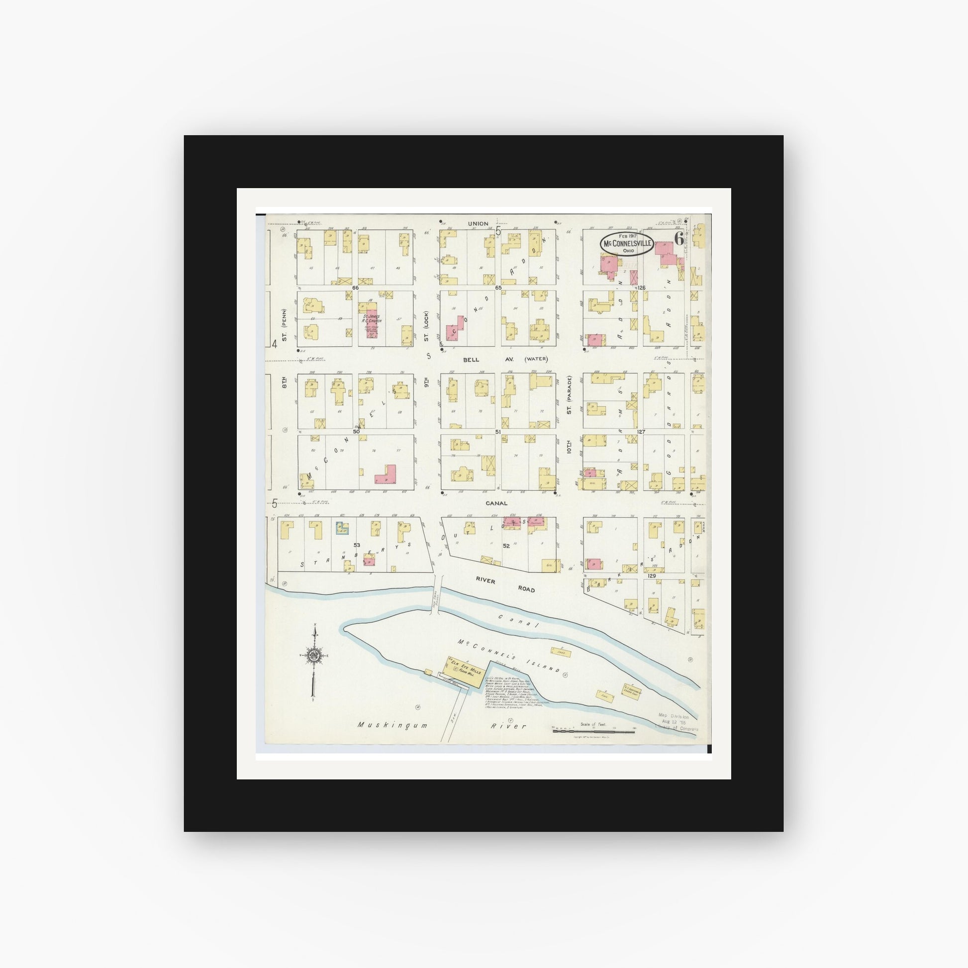Old map wall art mockup — black gallery frame with white mat — Sanborn Fire Insurance Map from McConnelsville, Morgan County, Ohio (1917), Sheet #0006