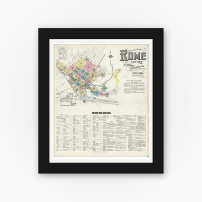 Old map wall art mockup — black gallery frame with white mat — Sanborn Fire Insurance Map from Rome, Oneida County, New York (1914), Sheet #0001