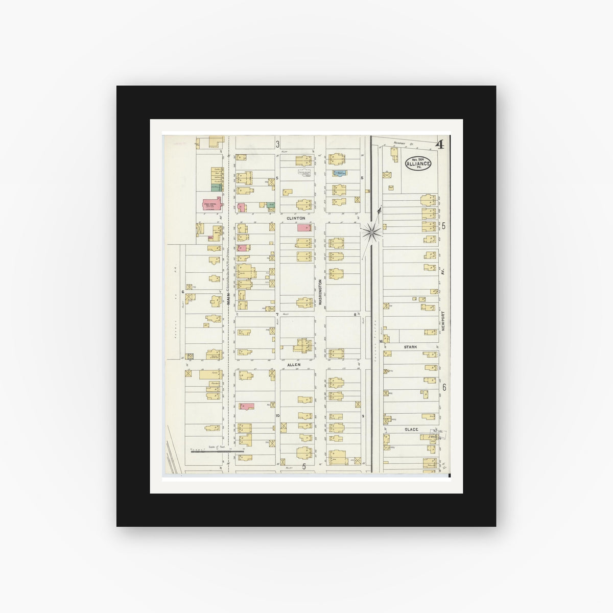 Old map wall art mockup — black gallery frame with white mat — Sanborn Fire Insurance Map from Alliance, Northampton County, Pennsylvania (1904), Sheet #0004