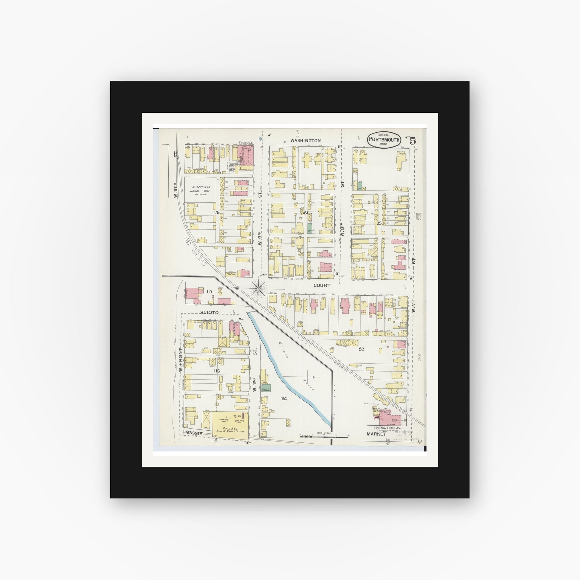 Old map wall art mockup — black gallery frame with white mat — Sanborn Fire Insurance Map from Portsmouth, Scioto County, Ohio (1892), Sheet #0005
