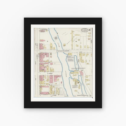 Old map wall art mockup — black gallery frame with white mat — Sanborn Fire Insurance Map from Elkhart, Elkhart County, Indiana (1889), Sheet #0003