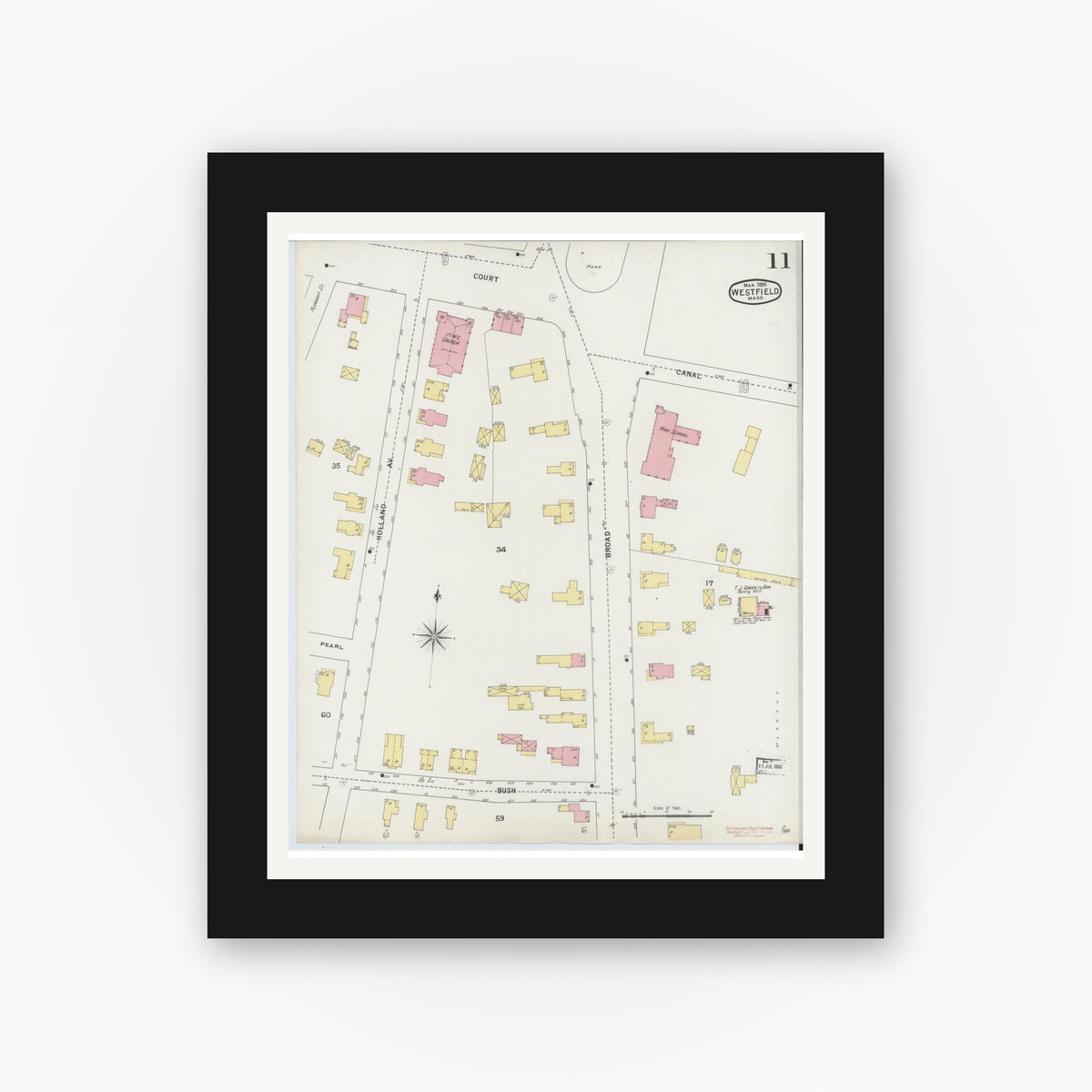 Old map wall art mockup — black gallery frame with white mat — Sanborn Fire Insurance Map from Westfield, Hampden County, Massachusetts (1895), Sheet #0011