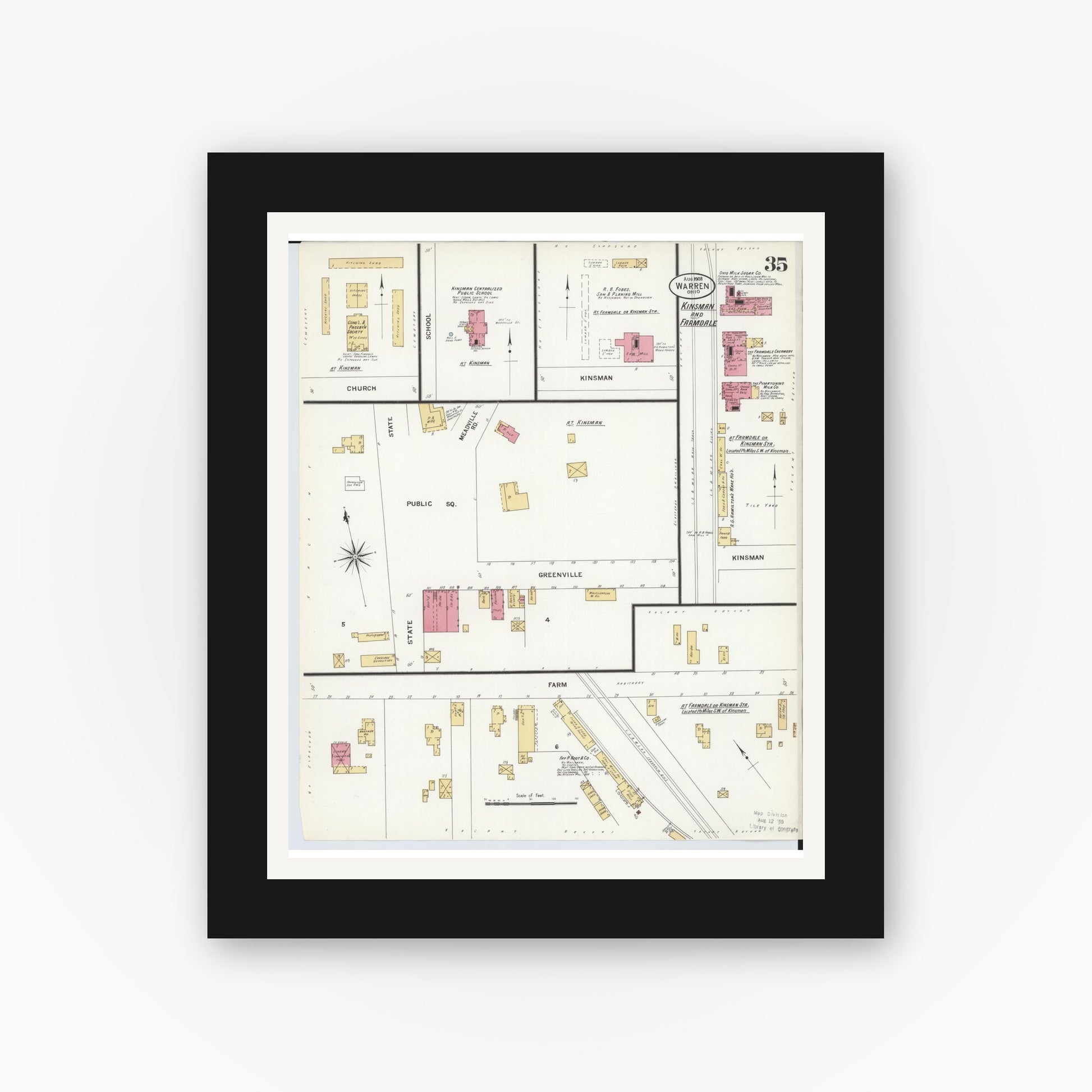 Old map wall art mockup — black gallery frame with white mat — Sanborn Fire Insurance Map from Warren, Trumbull County, Ohio (1908), Sheet #0035