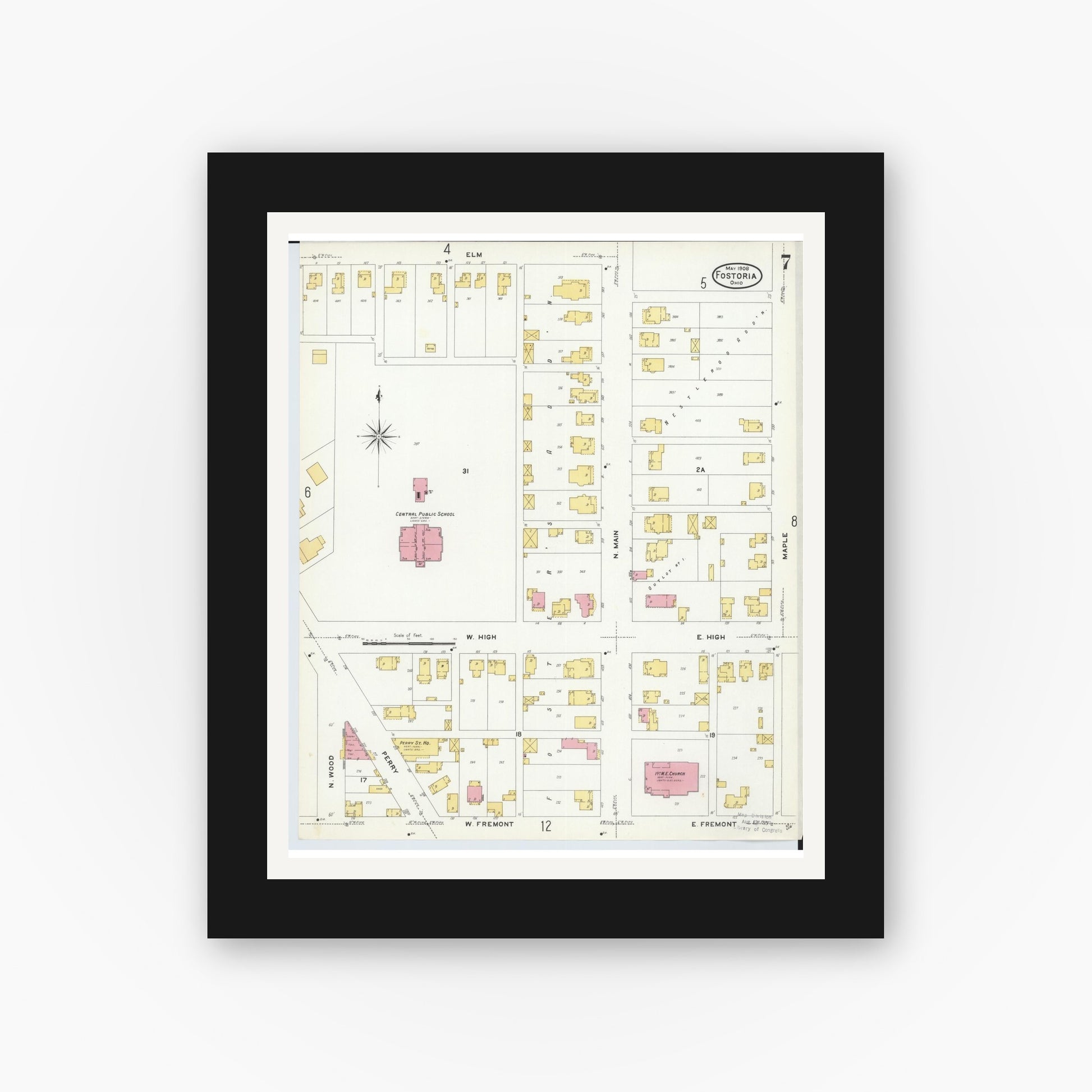 Old map wall art mockup — black gallery frame with white mat — Sanborn Fire Insurance Map from Fostoria, Seneca, Hancock, And Wood Counties, Ohio (1908), Sheet #0007
