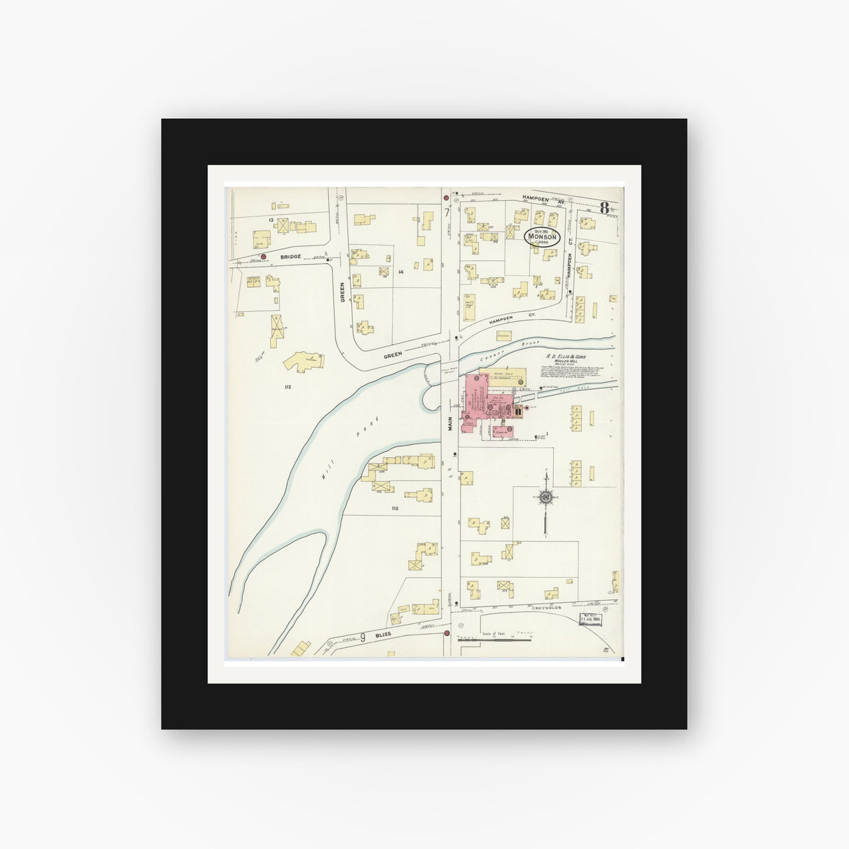 Old map wall art mockup — black gallery frame with white mat — Sanborn Fire Insurance Map from Monson, Hampden County, Massachusetts (1911), Sheet #0008