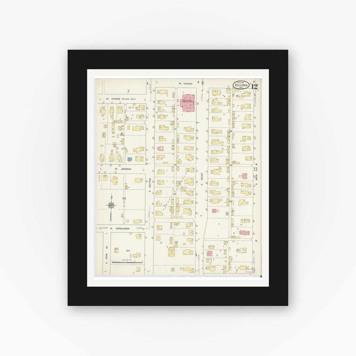 Old map wall art mockup — black gallery frame with white mat — Sanborn Fire Insurance Map from Sullivan, Sullivan County, Indiana (1913), Sheet #0012