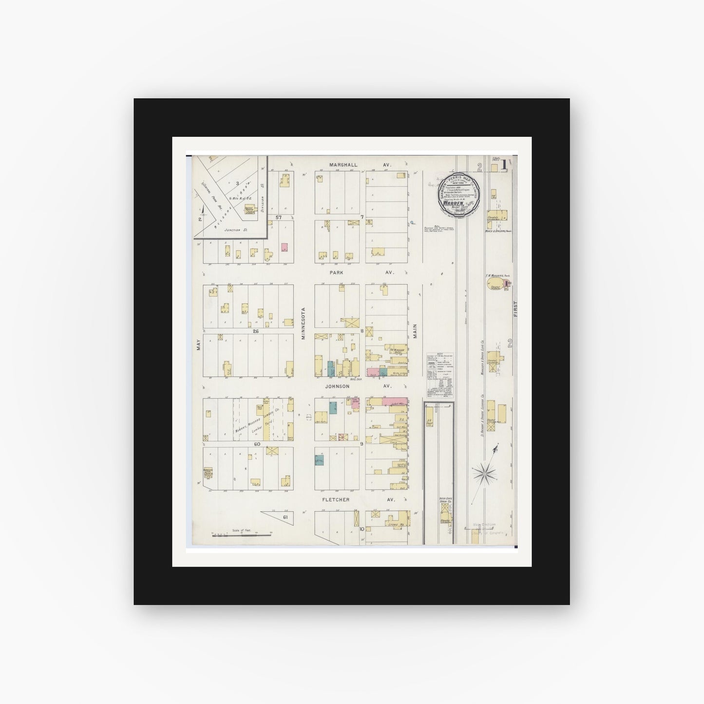 Old map wall art mockup — black gallery frame with white mat — Sanborn Fire Insurance Map from Warren, Marshall County, Minnesota (1894), Sheet #0001