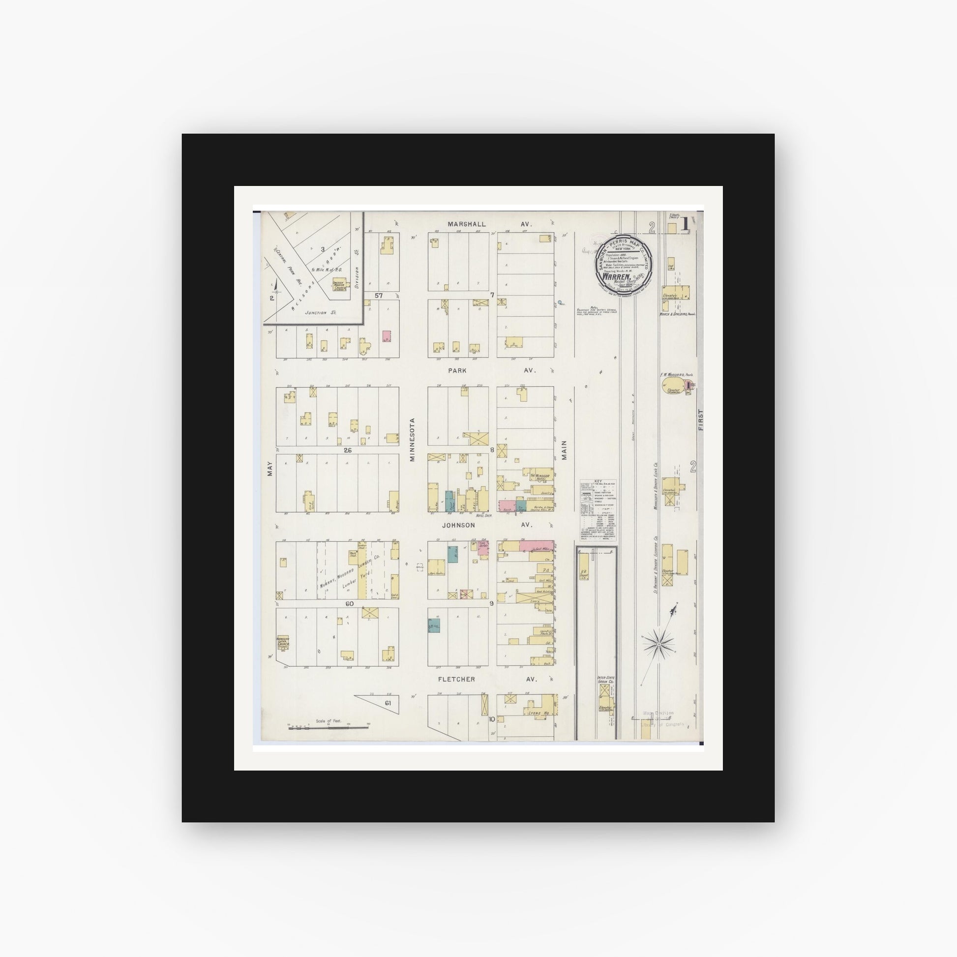Old map wall art mockup — black gallery frame with white mat — Sanborn Fire Insurance Map from Warren, Marshall County, Minnesota (1894), Sheet #0001