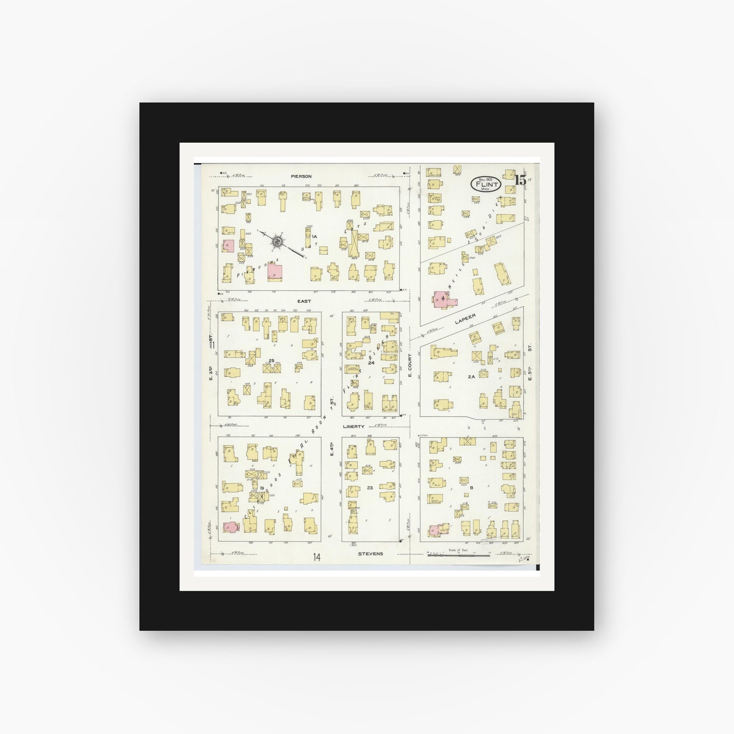 Old map wall art mockup — black gallery frame with white mat — Sanborn Fire Insurance Map from Flint, Genesee County, Michigan (1909), Sheet #0015