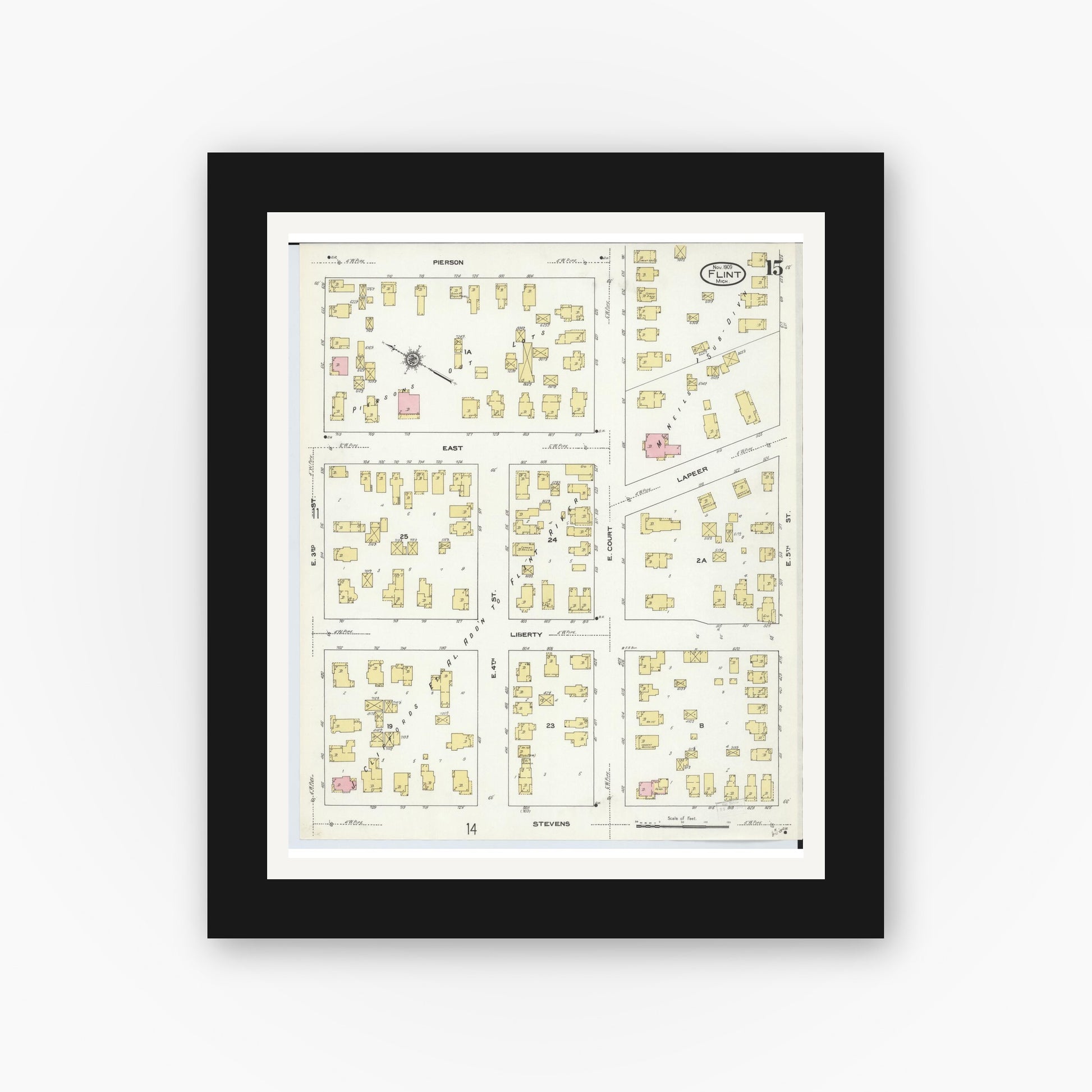 Old map wall art mockup — black gallery frame with white mat — Sanborn Fire Insurance Map from Flint, Genesee County, Michigan (1909), Sheet #0015