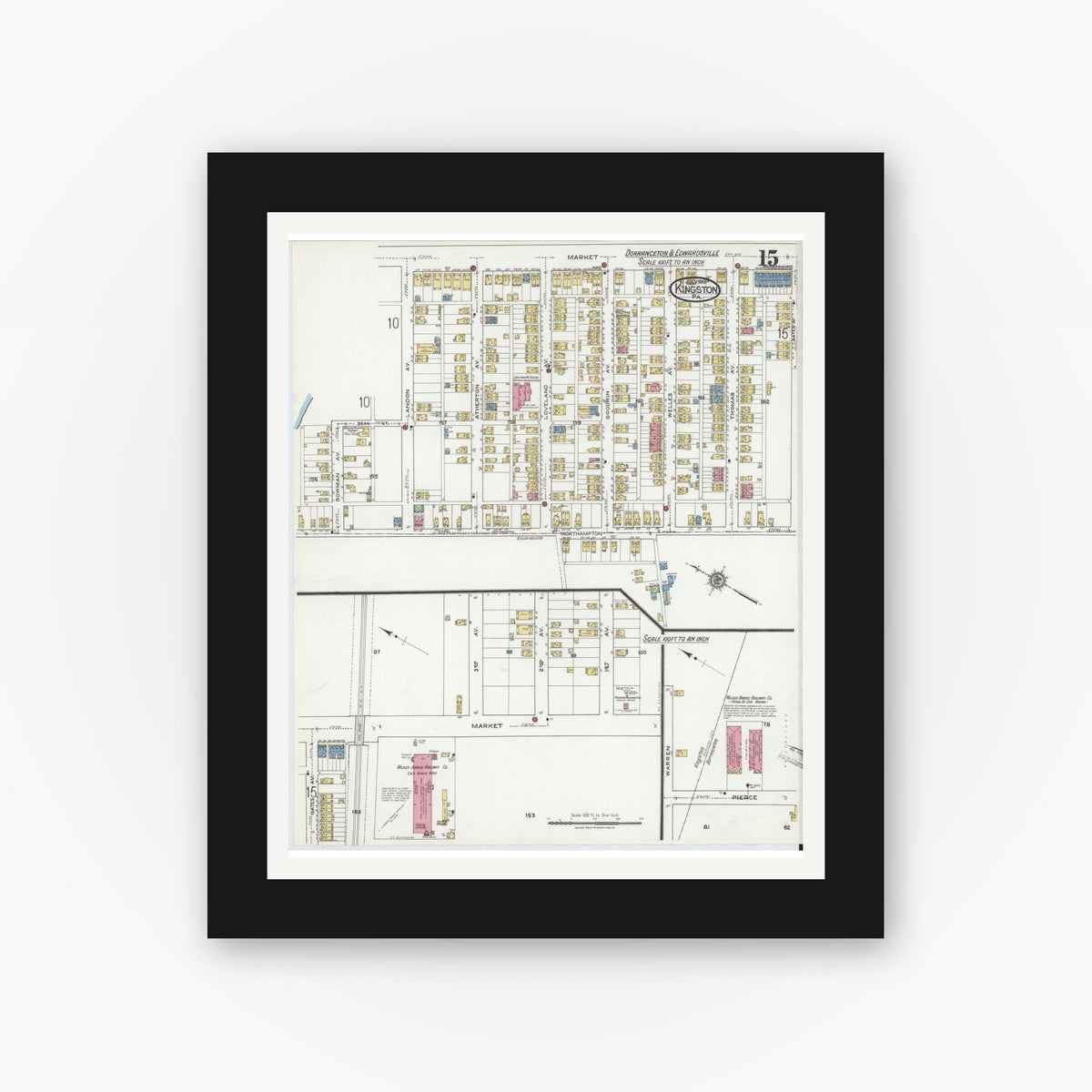 Old map wall art mockup — black gallery frame with white mat — Sanborn Fire Insurance Map from Kingston, Luzerne County, Pennsylvania (1919), Sheet #0015