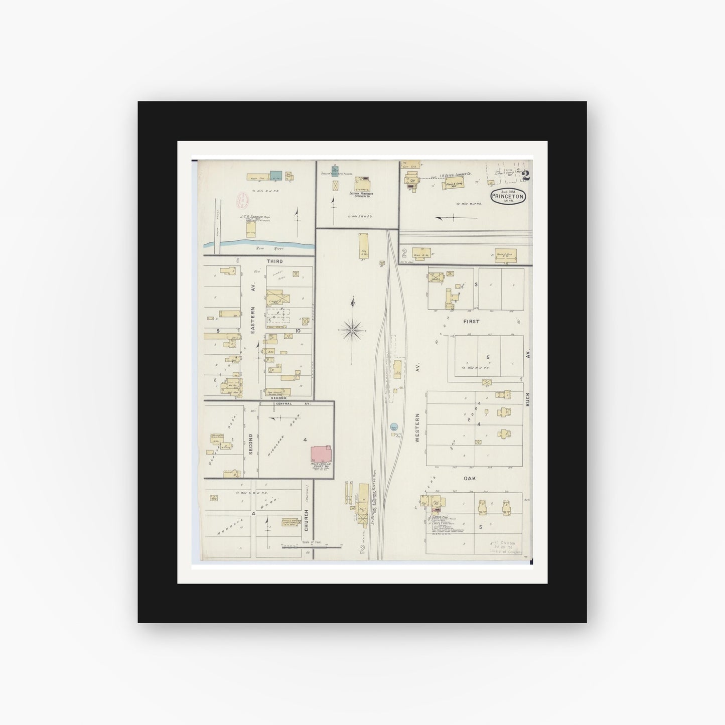 Old map wall art mockup — black gallery frame with white mat — Sanborn Fire Insurance Map from Princeton, Mille Lacs County, Minnesota (1894), Sheet #0002
