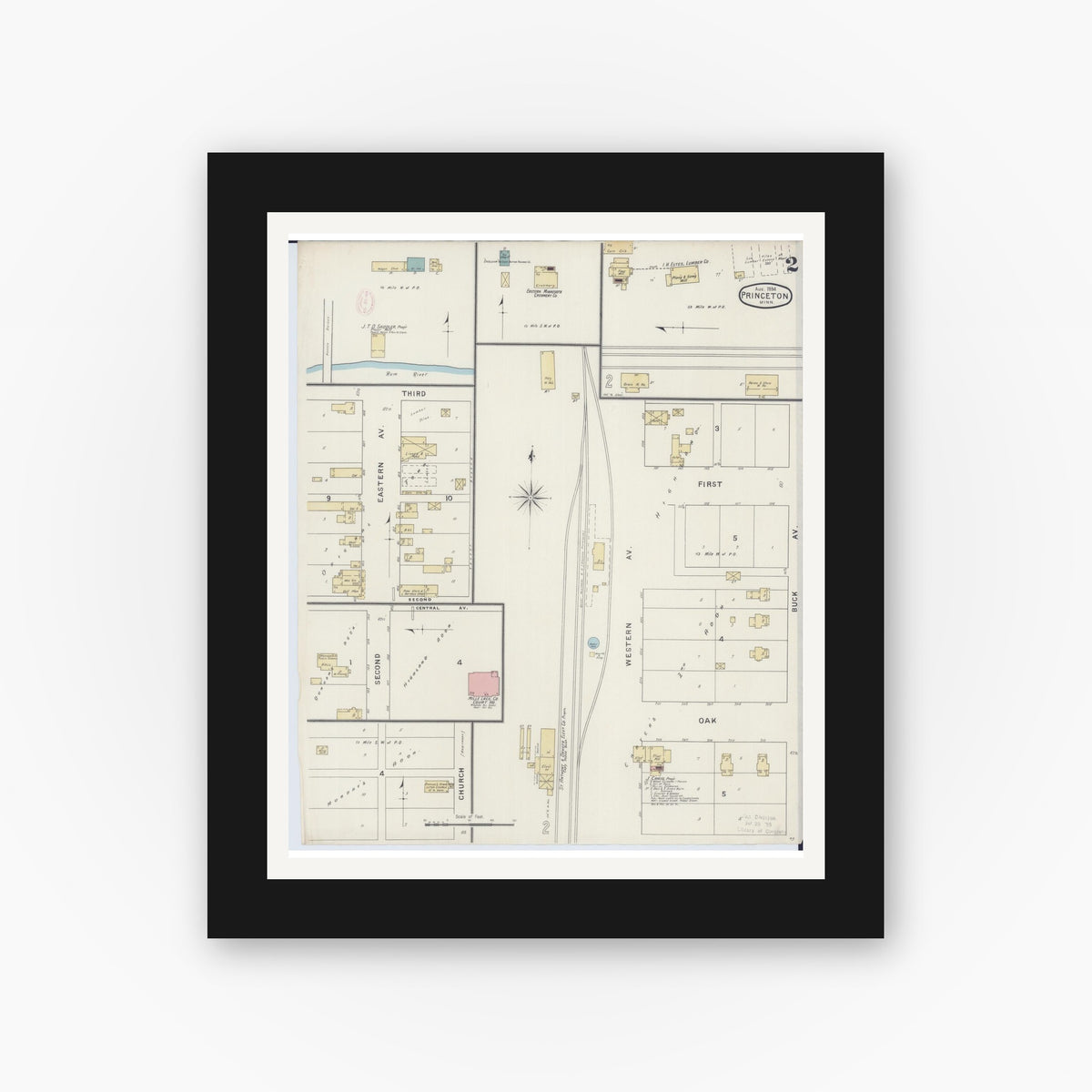 Old map wall art mockup — black gallery frame with white mat — Sanborn Fire Insurance Map from Princeton, Mille Lacs County, Minnesota (1894), Sheet #0002