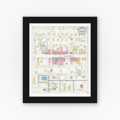 Old map wall art mockup — black gallery frame with white mat — Sanborn Fire Insurance Map from Sheldon, Vernon County, Missouri (1918), Sheet #0001