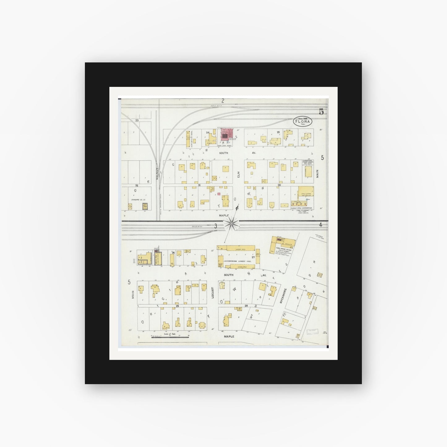 Old map wall art mockup — black gallery frame with white mat — Sanborn Fire Insurance Map from Flora, Clay County, Illinois (1906), Sheet #0005