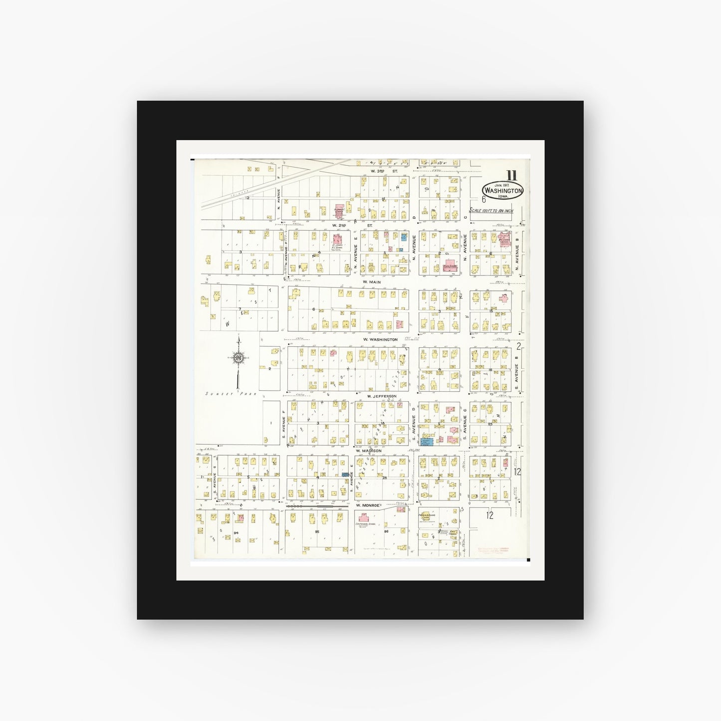 Old map wall art mockup — black gallery frame with white mat — Sanborn Fire Insurance Map from Washington, Washington County, Iowa (1917), Sheet #0011