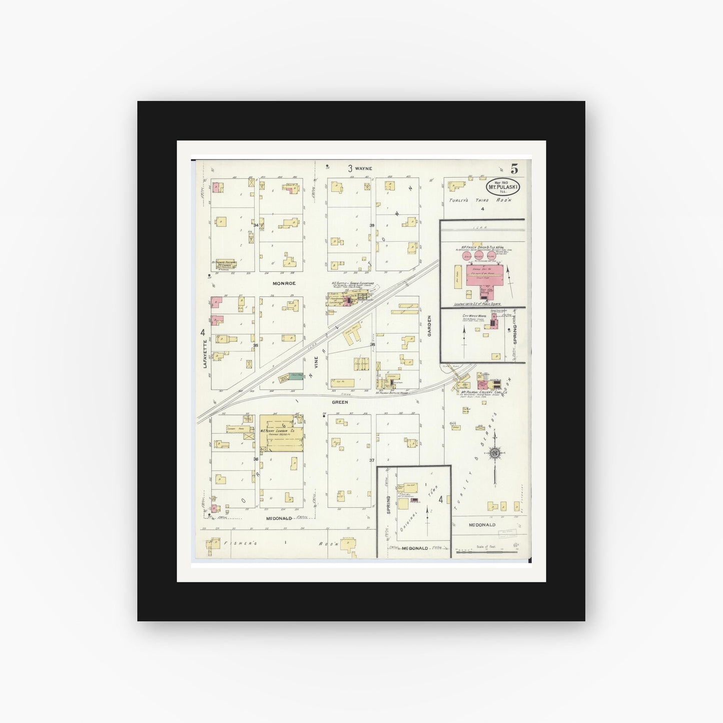 Old map wall art mockup — black gallery frame with white mat — Sanborn Fire Insurance Map from Mount Pulaski, Logan County, Illinois (1910), Sheet #0005
