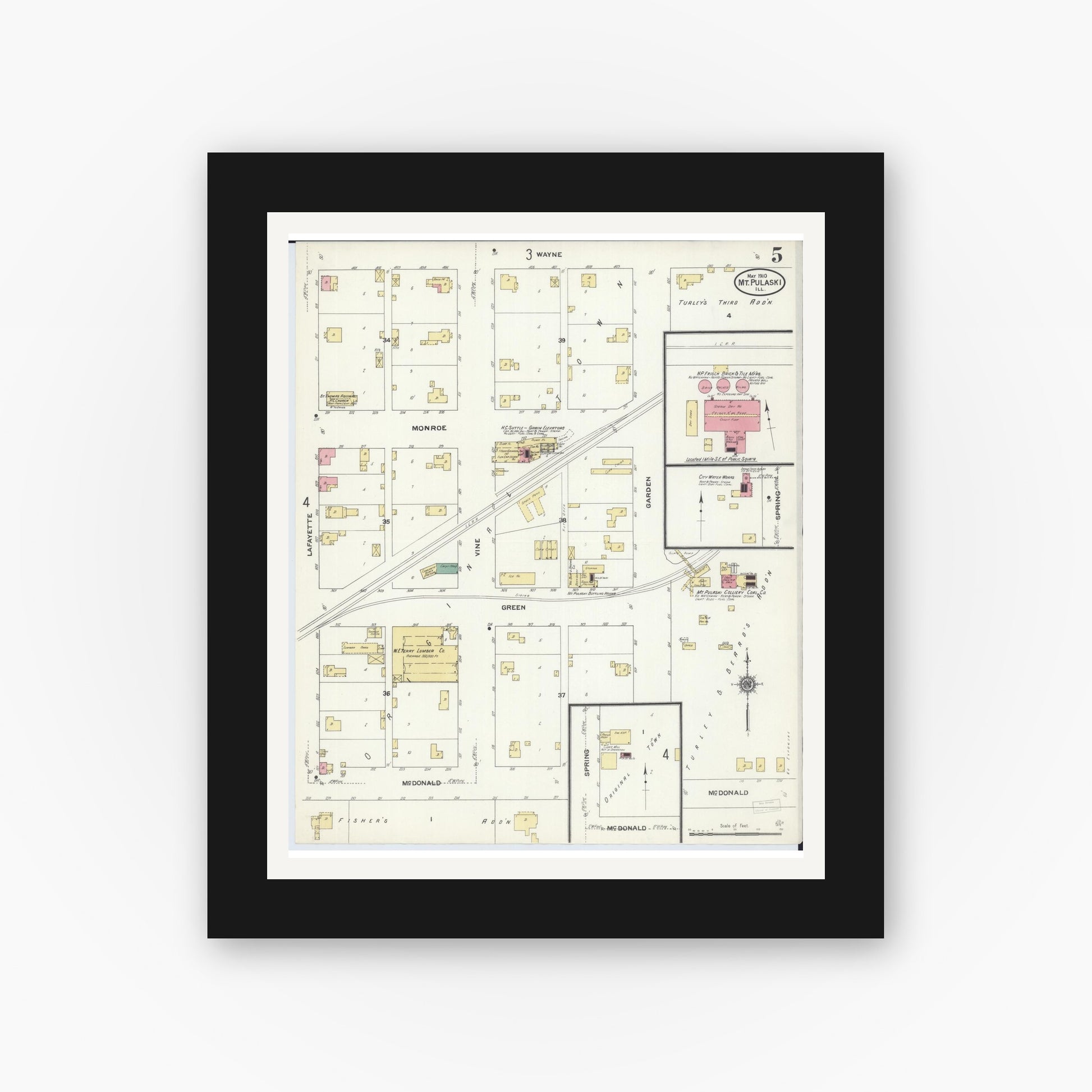 Old map wall art mockup — black gallery frame with white mat — Sanborn Fire Insurance Map from Mount Pulaski, Logan County, Illinois (1910), Sheet #0005