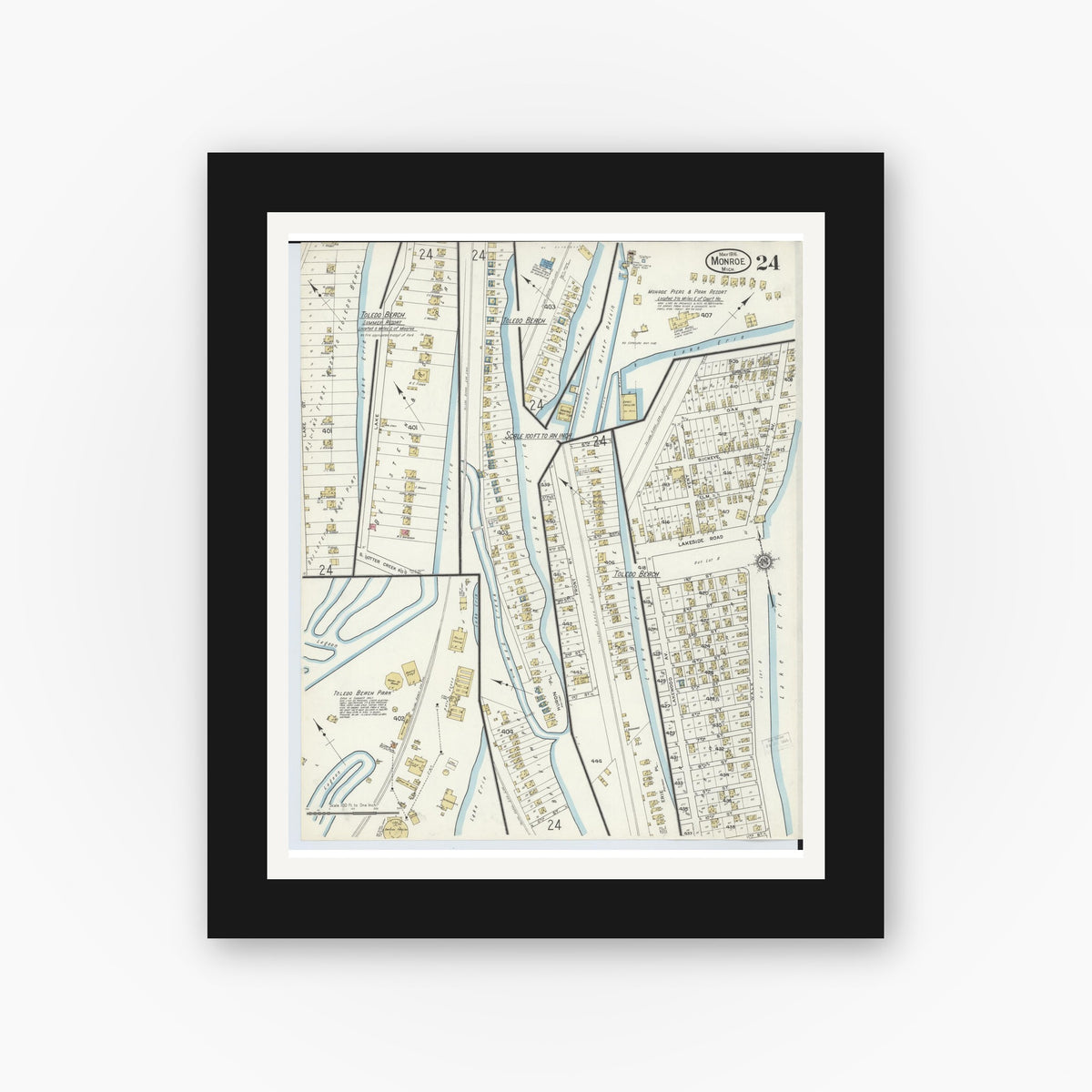 Old map wall art mockup — black gallery frame with white mat — Sanborn Fire Insurance Map from Monroe, Monroe County, Michigan (1916), Sheet #0024